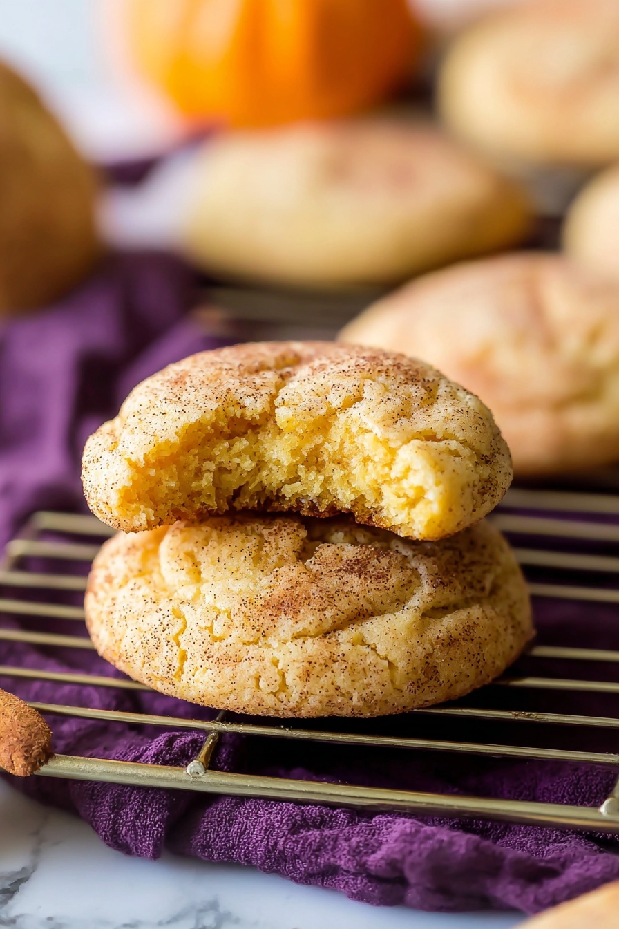 The image shows two soft, round cookies stacked on a silver cooling rack over a deep purple cloth, all set on a white marbled surface. The top cookie has a bite taken from it, revealing a light orange-yellow interior with a soft, cakey texture. Both cookies have a cracked surface speckled with dark cinnamon-like powder and a sandy sugary texture that makes them look warm and fresh. In the blurred background, there are more similar cookies and a small orange pumpkin visible. Photo taken with an iphone --ar 2:3 --v 7 - Pumpkin Snickerdoodle Cookies, pumpkin spice cookies, fall cookie recipes, soft chewy cookies with pumpkin, holiday pumpkin cookies