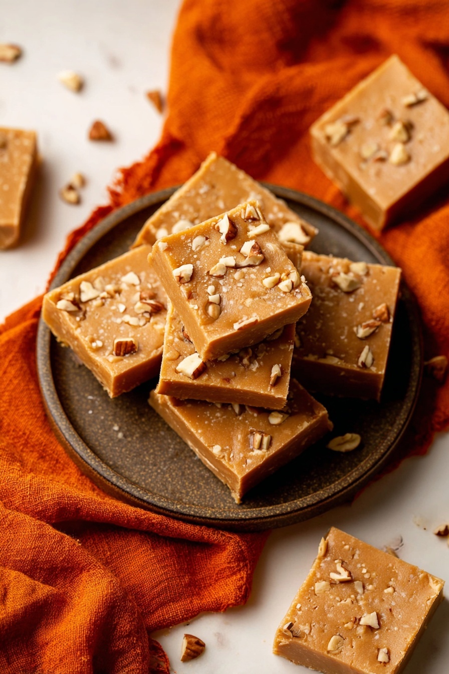 The image shows several square pieces of light brown fudge with a smooth texture, topped with small chopped nuts scattered evenly across the surface. These fudge squares are stacked in two layers on a round dark plate, which rests on a bright orange cloth. Around the plate, a few more fudge squares are placed individually on a white marbled surface, with some loose nut pieces scattered nearby. The fudge pieces each have a thin, firm look with visible nut bits giving a bit of rough texture on top. Photo taken with an iphone --ar 2:3 --v 7 - Pumpkin White Chocolate Fudge, Pumpkin White Chocolate Fudge Recipe, Fall Fudge Recipes, Easy Pumpkin Fudge, White Chocolate Pumpkin Treats