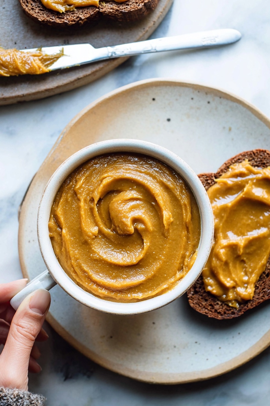 A close-up image shows a white cup filled with smooth, thick, golden-brown spread with a shiny surface. Inside the cup, the spread is swirled, creating a circular pattern in the middle. A knife with a worn, wooden handle is placed on the edge of the cup, its blade coated with the same spread. Next to the cup, there is a piece of toasted bread topped with more of the spread, showing some textured ridges. The dish is set on a white marbled surface with a soft gray cloth nearby. photo taken with an iphone --ar 2:3 --v 7 - Spiced Pumpkin Butter, Pumpkin Butter, Fall Flavored Spreads, Homemade Pumpkin Spread, Cozy Pumpkin Recipes