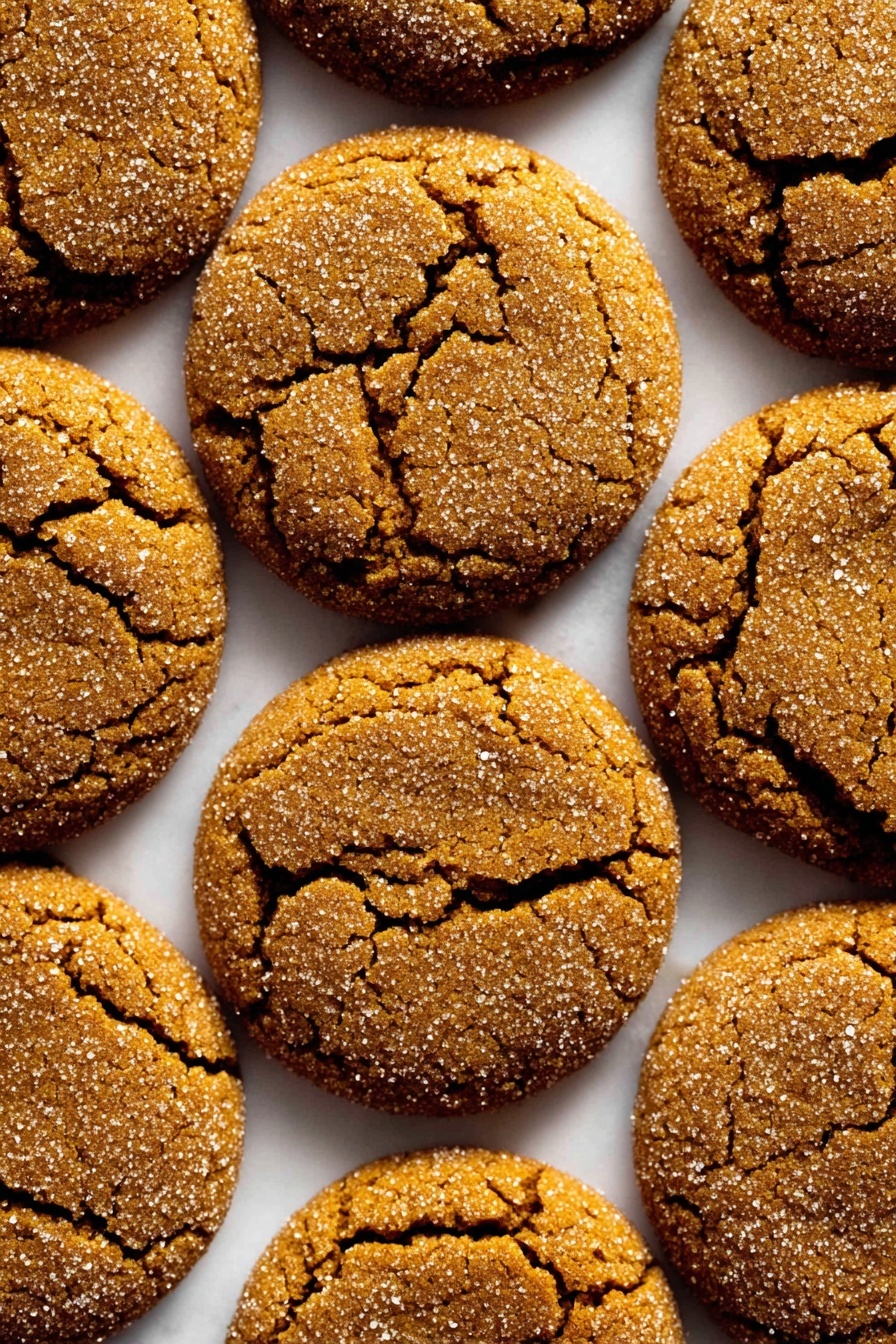 The image shows a close-up view of multiple round ginger cookies arranged tightly together on a white marbled surface. Each cookie has a single layer with a rough, cracked texture and a golden brown color, dusted lightly with granulated sugar that sparkles on top. The edges of the cookies are slightly darker than the centers, and the cracks reveal a soft, slightly darker interior beneath the sugar coating. The cookies fill the frame evenly, showing their uniform size and slightly raised shape. photo taken with an iphone --ar 2:3 --v 7 - Soft Molasses Cookies, molasses cookie recipe, chewy ginger cookies, easy holiday cookies, warm spice cookies
