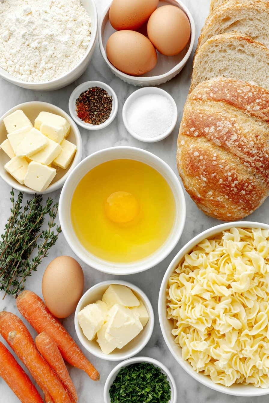 Flat lay of a small white ceramic bowl of extra virgin olive oil, half a yellow onion cut in half, a small white bowl with kosher salt, a small white bowl with black peppercorns, a few tablespoons of salted butter on a white ceramic dish, two cloves of garlic, three fresh orange carrots, a small bundle of fresh thyme sprigs, a small white bowl with ground cayenne pepper, a small white bowl of all purpose flour, a medium white ceramic bowl filled with low sodium chicken broth, a small white ceramic bowl of whole milk, a small white bowl with roughly chopped fresh parsley, two whole uncracked brown eggs, a white dish with three cups of cubed whole grain bread, two cups of uncooked egg noodles, a white plate with cooked shredded chicken pieces, and a small white bowl holding crushed potato chips, all arranged with perfect symmetry and balanced proportions, placed on a clean white marble surface, soft natural light, photo taken with an iPhone, professional food photography style, fresh ingredients, white ceramic bowls, no bottles, no duplicates, no utensils, no packaging --ar 2:3 --v 7 --p m7354615311229779997 - Homemade Chicken Noodle Casserole, comforting chicken casserole, hearty noodle bakes, easy chicken casserole recipe, crispy topping casserole