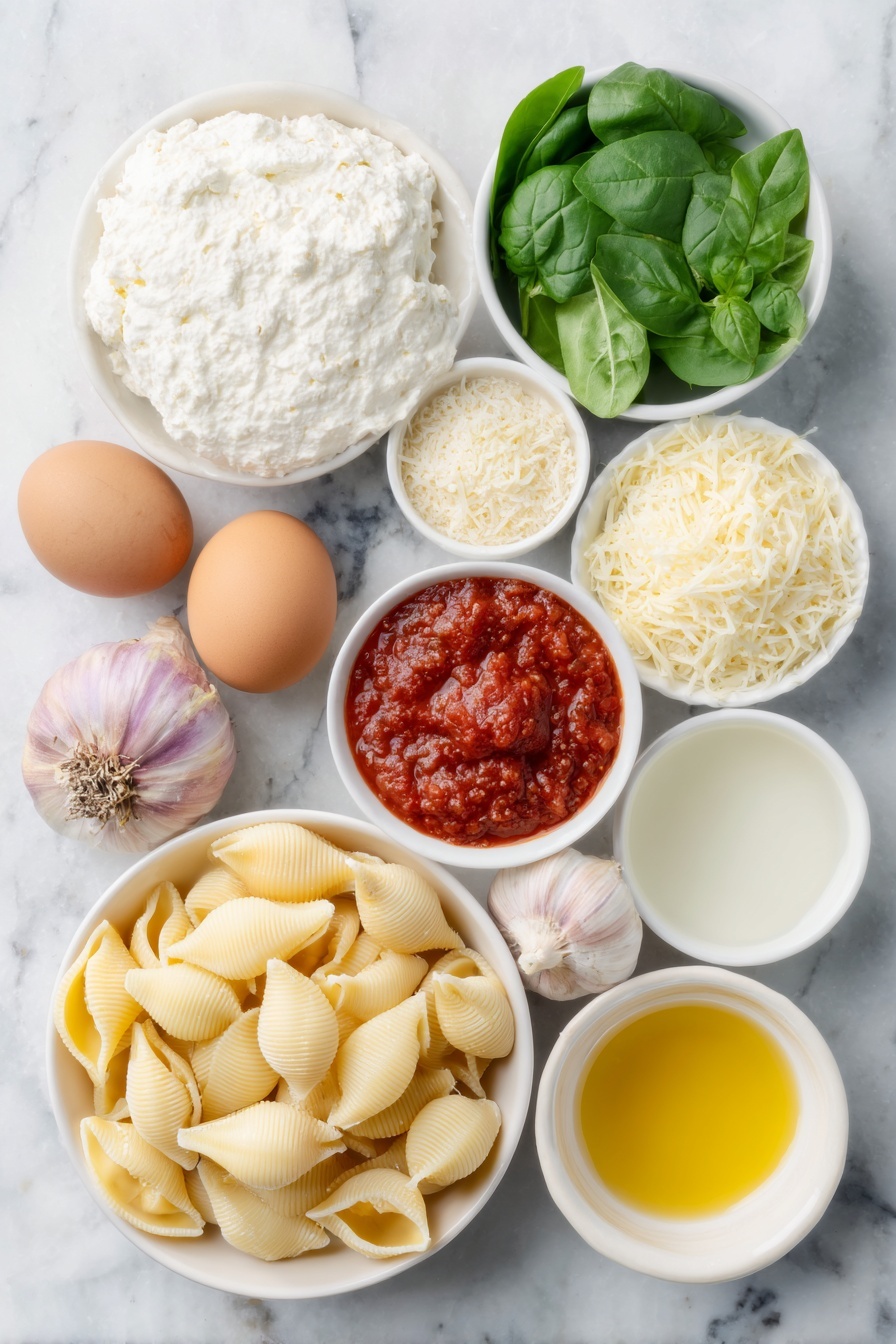 Flat lay of fresh baby spinach leaves, a small white bowl of creamy ricotta cheese, a whole brown egg, a small white bowl of finely shredded parmesan cheese, a small white bowl of shredded mozzarella cheese, two whole eschallots with purple skins, four fresh garlic cloves, a fresh green bay leaf, a small white bowl of bright red tomato paste, a small white bowl of smooth tomato passata, a small white bowl of golden olive oil, a small white bowl of dry white wine, a small white bowl of clear vegetable broth, a few sprigs of fresh basil, a cluster of uncooked jumbo conchiglioni pasta shells arranged symmetrically, all placed on a clean white marble surface, soft natural light, photo taken with an iPhone, professional food photography style, fresh ingredients, white ceramic bowls, no bottles, no duplicates, no utensils, no packaging --ar 2:3 --v 7 --p m7354615311229779997 - Spinach Ricotta Stuffed Shells, stuffed pasta shells with spinach and ricotta, easy baked stuffed shells, healthy Italian stuffed shells, cheesy spinach pasta bake