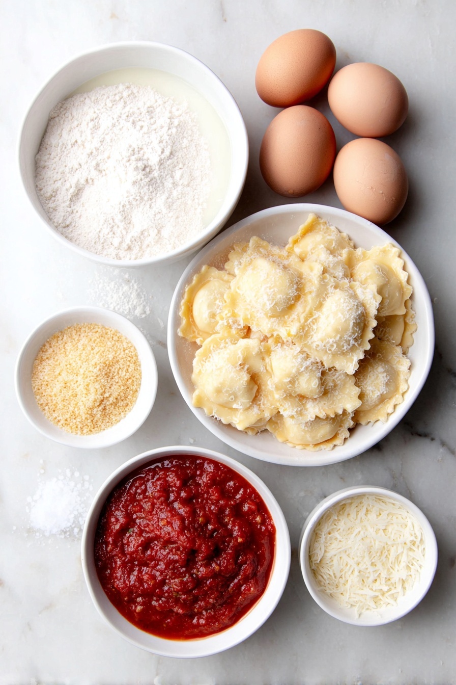 Flat lay of fresh beef ravioli arranged neatly, two whole brown eggs with clean shells, a small white bowl of pale milk, a small white bowl filled with golden Italian seasoned breadcrumbs, a small white bowl with finely grated Parmesan cheese, a small white bowl of vibrant red marinara sauce, and coarse sea salt crystals scattered delicately on the white marble surface, perfect symmetry, soft natural light, photo taken with an iPhone, professional food photography style, fresh ingredients, white ceramic bowls, no bottles, no duplicates, no utensils, no packaging --ar 2:3 --v 7 --p m7354615311229779997 - Crispy Toasted Ravioli with Marinara, toasted ravioli appetizer, crispy cheese ravioli, easy Italian snacks, St. Louis ravioli dish
