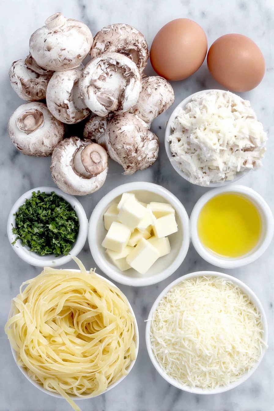 Flat lay of thickly sliced fresh button mushrooms, finely chopped medium onion, four whole garlic cloves with clean skins, two brown eggs with uncracked shells, fresh chopped parsley sprigs, a cluster of shredded rotisserie chicken pieces, a small mound of shredded mozzarella cheese, a nest of uncooked linguine pasta, a small white ceramic bowl filled with golden olive oil, a small white ceramic bowl holding unsalted butter chunks, a small white ceramic bowl containing smooth all-purpose flour, a small white ceramic bowl of light yellow lemon juice, and a small white ceramic bowl with creamy half and half placed on a clean white marble surface, soft natural light, photo taken with an iPhone, professional food photography style, fresh ingredients, white ceramic bowls, no bottles, no duplicates, no utensils, no packaging --ar 2:3 --v 7 --p m7354615311229779997 - Easy Chicken Tetrazzini Casserole, chicken tetrazzini casserole, creamy chicken pasta bake, cheesy chicken casserole, comforting chicken pasta dish