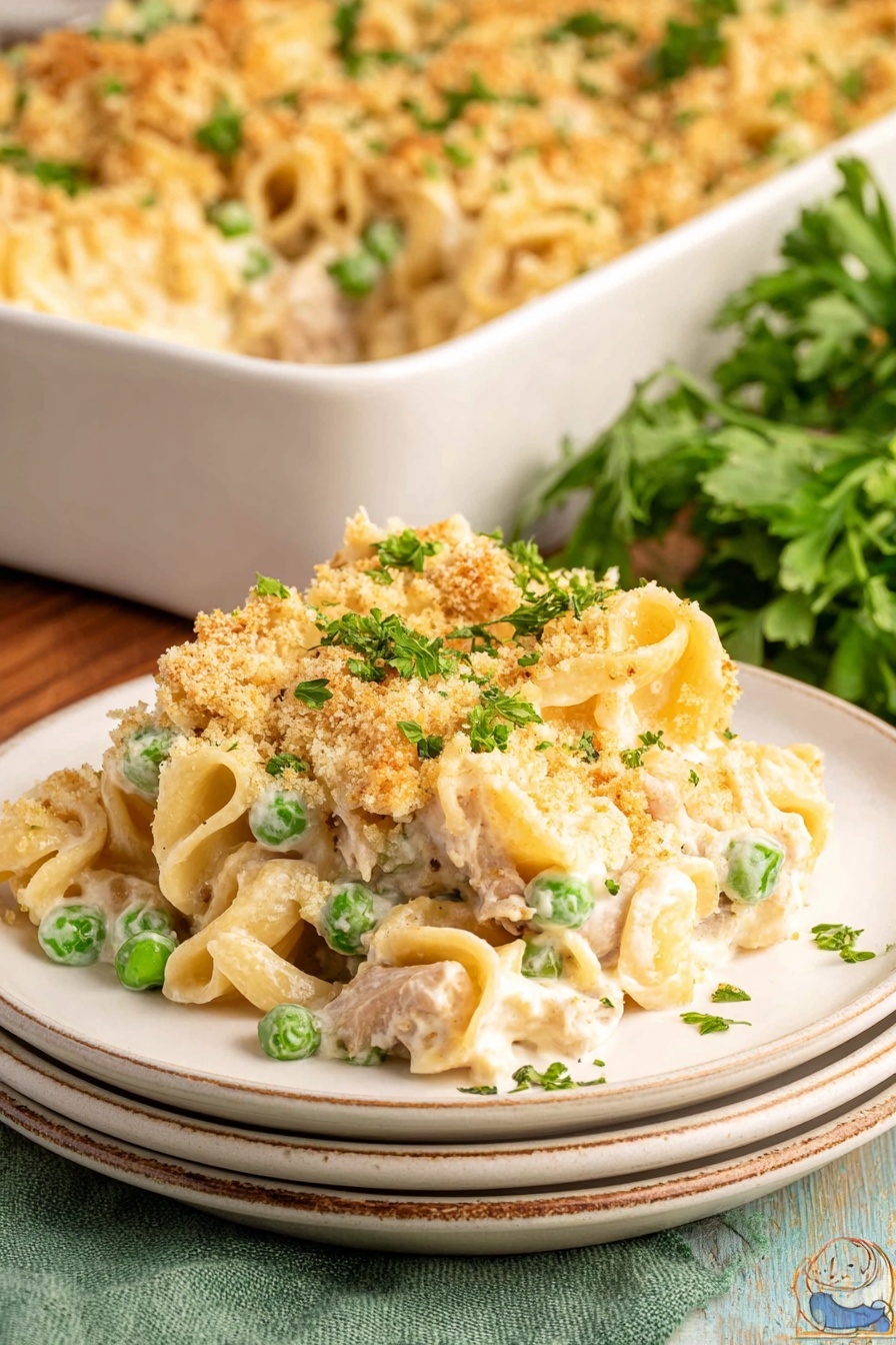 A white rectangular baking dish filled with a baked noodle casserole that has three visible layers: a creamy, light beige sauce mixed with small pieces of pale chicken and green peas forming the bottom and middle layers, topped with a golden brown, crispy breadcrumb crust that is evenly spread and lightly browned. The casserole rests on a white marbled surface with scattered dishes around, including a white bowl with some yellow sauce remnants, a small round bowl with green peas, and a white bowl containing a wooden spoon. Photo taken with an iphone --ar 2:3 --v 7 - Easy Tuna Noodle Casserole, Tuna Noodle Casserole, creamy tuna bake, quick comfort dinner, pantry staples casserole