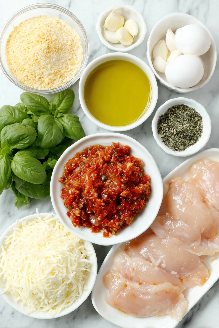 Flat lay of a small white ceramic bowl of extra-virgin olive oil, a finely chopped small yellow onion on a white ceramic plate, six peeled garlic cloves scattered naturally, a small white ceramic bowl filled with crushed ripe red tomatoes, two fresh large sprigs of green basil leaves, a small white ceramic bowl of coarse kosher salt, a small white ceramic bowl of freshly ground black pepper, a white ceramic bowl containing golden panko bread crumbs, a small white ceramic bowl of garlic powder, a white ceramic plate with finely grated pale yellow Parmesan cheese, a small white ceramic bowl of all-purpose flour, two whole uncracked brown eggs, six raw boneless, skinless chicken cutlets with a natural pinkish hue arranged neatly on a white ceramic platter, a small white ceramic bowl of shredded white mozzarella cheese, and a small white ceramic bowl of clear vegetable oil, all placed on a clean white marble surface, soft natural light, photo taken with an iPhone, professional food photography style, fresh ingredients, white ceramic bowls, no bottles, no duplicates, no utensils, no packaging --ar 2:3 --v 7 --p m7354615311229779997 - Easy Chicken Parmesan with Marinara, Chicken Parmesan, easy Italian chicken dinner, crispy chicken Parmesan, homemade chicken Parmesan