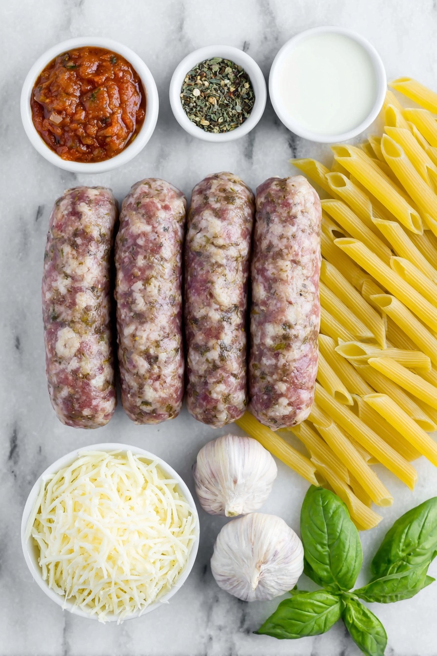 Flat lay of fresh uncooked ziti pasta arranged neatly, raw Italian sausage links with natural marbling, four whole uncracked brown garlic bulbs, a small white ceramic bowl filled with rich crushed tomatoes, a small white bowl of heavy cream, a small white bowl with grated pecorino Romano cheese, a small white bowl holding shredded fresh mozzarella cheese, fresh green basil leaves loosely scattered, a small white bowl containing coarse salt, a small white bowl with granulated sugar, and a small white bowl of red pepper flakes, all placed on a clean white marble surface, soft natural light, photo taken with an iPhone, professional food photography style, fresh ingredients, white ceramic bowls, no bottles, no duplicates, no utensils, no packaging --ar 2:3 --v 7 --p m7354615311229779997 - Baked Ziti with Sausage and Cream, cheesy baked pasta, hearty sausage pasta bake, creamy Italian casserole, easy baked ziti recipe