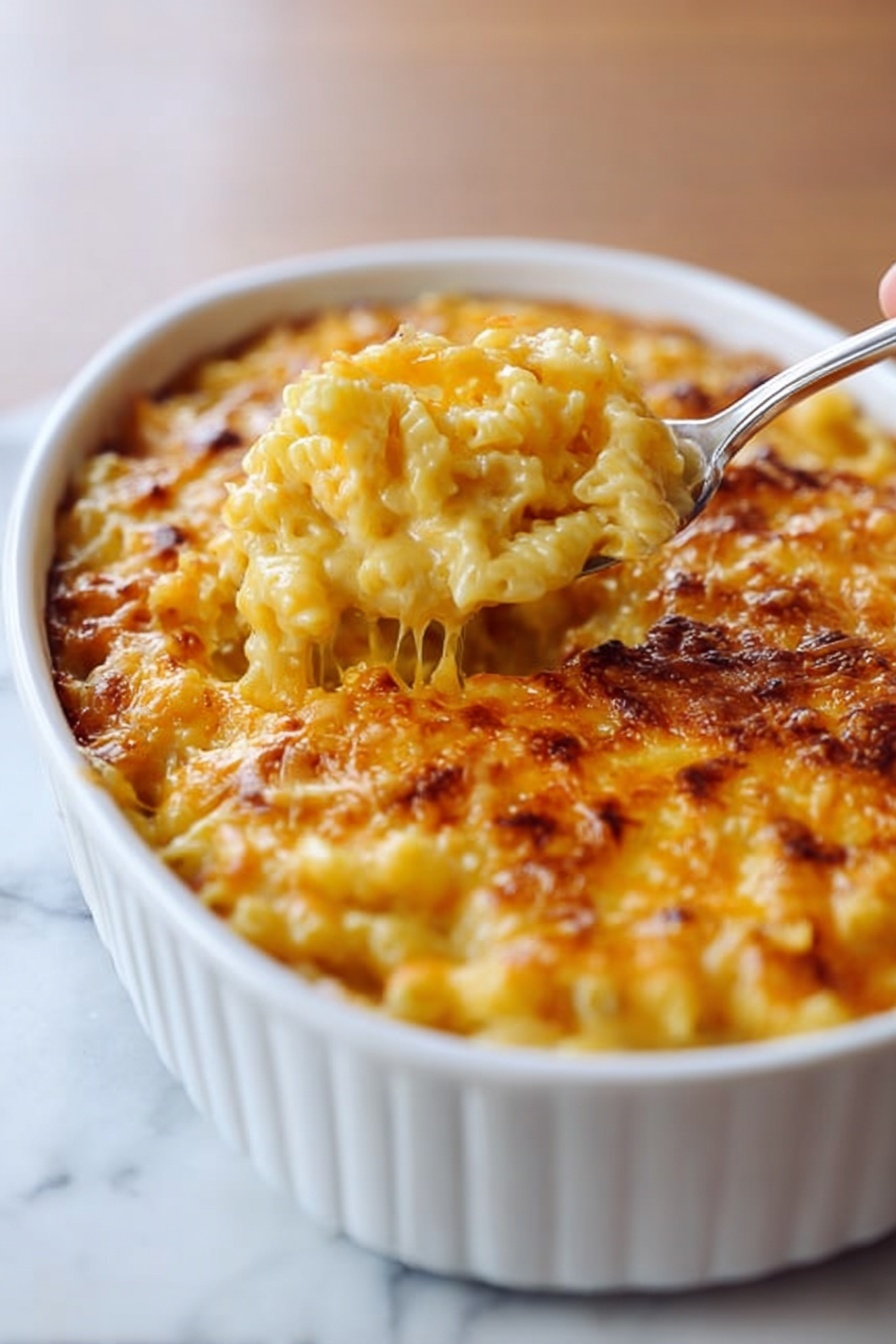 The image shows a white oval baking dish filled with a browned macaroni and cheese casserole. The top layer is golden and slightly crispy with melted cheese covering textured, soft pasta underneath. A woman's hand is holding a serving spoon scooping out a portion, revealing a creamy, cheesy inside with ribbed pasta noodles tightly packed. The dish sits on a white marbled surface with warm natural light highlighting the creamy and crispy details. Photo taken with an iphone --ar 2:3 --v 7 - Creamy Baked Macaroni and Cheese, cheesy baked pasta, comfort food recipes, easy baked mac and cheese, ultimate macaroni cheese