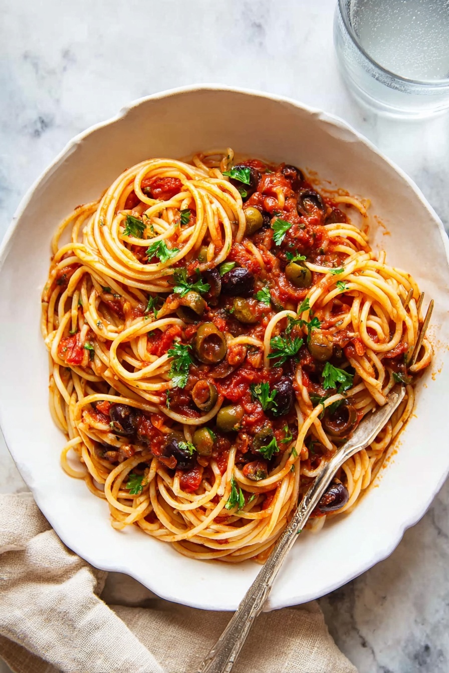 A white scalloped dish filled with a nest of long, thin spaghetti pasta in rich, chunky red tomato sauce mixed with dark, shiny olives and small green capers, topped with scattered fresh green parsley leaves. A silver fork rests inside the pasta, partly twirling some strands in the center. The dish sits on a white marbled surface next to a light beige cloth and a clear glass filled with water. photo taken with an iphone --ar 2:3 --v 7 - Easy Pasta Puttanesca, Pasta Puttanesca recipe, quick Italian pasta, simple pasta sauces, flavorful pasta dishes