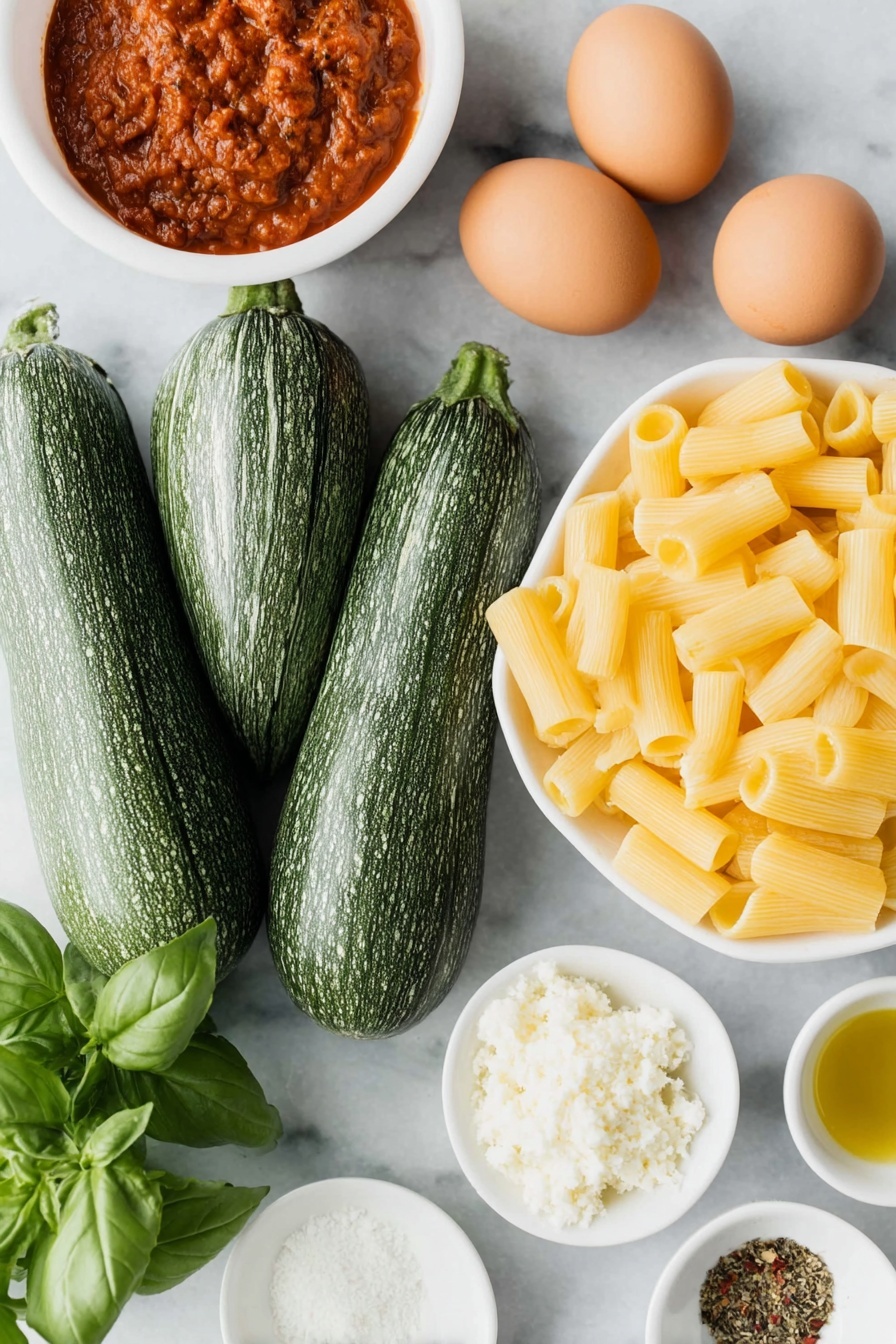 Flat lay of two medium eggplants striped with peeled sections revealing creamy flesh, a small mound of rigatoni pasta, a handful of fresh bright green basil leaves loosely arranged, two whole uncracked brown eggs, a small white ceramic bowl with smooth marinara sauce, a small white ceramic bowl filled with golden extra-virgin olive oil, a small white ceramic bowl containing finely grated pale ricotta salata and Parmesan cheese, a small white ceramic bowl with vibrant red pepper flakes, and a small white ceramic bowl of dried oregano flakes, all ingredients fresh and natural, perfectly balanced in a symmetrical layout, placed on a clean white marble surface, soft natural light, photo taken with an iPhone, professional food photography style, fresh ingredients, white ceramic bowls, no bottles, no duplicates, no utensils, no packaging --ar 2:3 --v 7 --p m7354615311229779997 - Roasted Eggplant Pasta with Marinara, Eggplant pasta recipe, vegetarian pasta with roasted eggplant, easy eggplant pasta dish, healthy roasted eggplant recipe