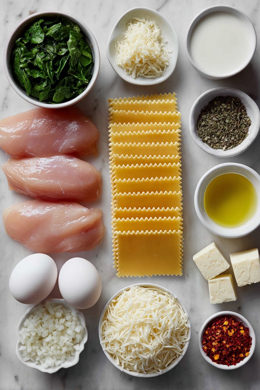 Flat lay of fresh raw chicken tenders, a neat pile of uncooked flat rectangular lasagna sheets, a small white bowl of bright green chopped spinach, a small white bowl filled with freshly grated pale yellow Parmesan cheese, a small white bowl containing shredded white mozzarella cheese, a few whole uncracked brown eggs, a small white bowl of golden olive oil, a small white bowl with peeled minced garlic, a small white bowl of finely chopped white onion, a small white bowl of creamy whole milk, a small white bowl of thick heavy cream, a few sprigs of fresh green parsley, fresh cracked black peppercorns scattered artistically, coarse sea salt crystals sprinkled tastefully, red chili flakes in a small white bowl placed neatly, a small white bowl holding pale yellow unsalted butter cubes, delicate dried Italian herb leaves arranged carefully, all ingredients arranged with perfect symmetry on a clean white marble surface, soft natural light, photo taken with an iPhone, professional food photography style, fresh ingredients, white ceramic bowls, no bottles, no duplicates, no utensils, no packaging --ar 2:3 --v 7 --p m7354615311229779997 - Chicken Alfredo Lasagna with Spinach, creamy chicken lasagna, spinach lasagna casserole, baked Alfredo lasagna, cheesy chicken spinach pasta