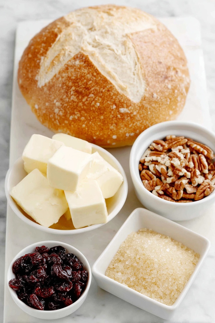 Flat lay of a whole round loaf of sourdough bread with a golden crust, a small white ceramic bowl of cubed creamy brie cheese, a small white bowl filled with glossy dried cranberries, a small white bowl containing coarsely chopped raw pecans, a few tablespoons of smooth butter shaped into neat pats, and a small white bowl holding golden brown sugar crystals, all arranged in perfect symmetry and balanced proportions, placed on a clean white marble surface, soft natural light, photo taken with an iPhone, professional food photography style, fresh ingredients, white ceramic bowls, no bottles, no duplicates, no utensils, no packaging --ar 2:3 --v 7 --p m7354615311229779997 - Cranberry Brie Pull Apart Bread, holiday appetizer, easy Christmas appetizer, cheese and cranberry bread, festive pull apart bread