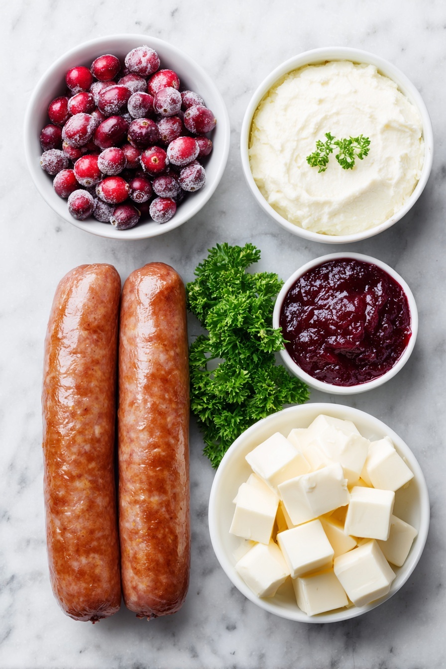 Flat lay of a sliced smoked sausage link with a glossy, browned exterior, a block of creamy white cheddar cheese cut into small cubes neatly arranged, a small white ceramic bowl filled with whole fresh cranberries, another small white bowl containing a smooth red cranberry sauce, and a few sprigs of vibrant green parsley placed delicately, all arranged with perfect symmetry on a clean white marble surface, soft natural light, photo taken with an iPhone, professional food photography style, fresh ingredients, white ceramic bowls, no bottles, no duplicates, no utensils, no packaging --ar 2:3 --v 7 --p m7354615311229779997 - Smoked Sausage Cranberry Bites, party appetizer, holiday snack, easy appetizer recipes, savory cranberry appetizer