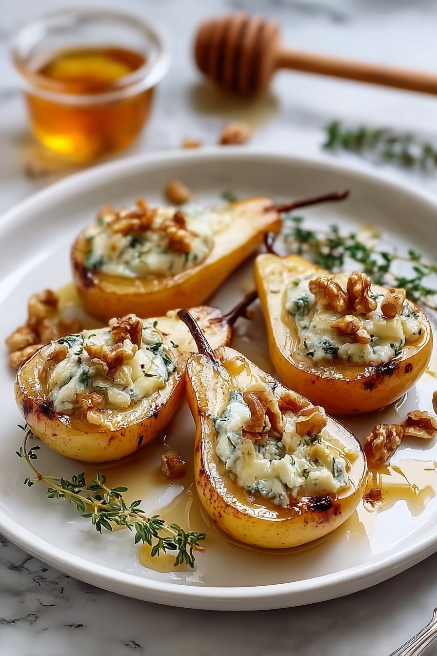 The image shows four pear halves placed on a white oval plate over a white marbled surface. Each pear half is golden-brown on the edges with a soft, grilled texture and is filled with a creamy, white cheese mixed with blue veins, topped with small pieces of chopped walnuts and green thyme leaves. Around the pears, there are scattered walnut pieces and thyme sprigs. In the background, slightly to the left, there is a glass bowl filled with honey and a wooden honey dipper resting inside. The lighting highlights the glossy honey drizzled over the pears and the overall rustic yet fresh presentation. Photo taken with an iphone --ar 2:3 --v 7 - Blue Cheese Stuffed Pears, pear appetizer, elegant party appetizers, blue cheese pear bites, cheese stuffed fruit