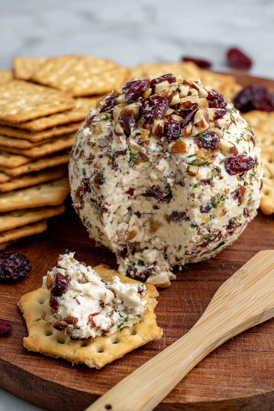 A round cheese ball covered with chopped nuts and dried cranberries sits on a wooden board. It has a creamy white inside mixed with bits of nuts and dried fruits visible both on the ball and on a cracker placed in front. The crackers are light brown with small holes and a slightly rough texture, stacked in sets nearby. A wooden spreader with a smooth texture lies next to the crackers. The whole scene is set on a white marbled surface. photo taken with an iphone --ar 2:3 --v 7 - Cranberry Pecan Cheese Ball, holiday cheese ball, festive appetizer, easy cheese ball recipe, Christmas appetizer