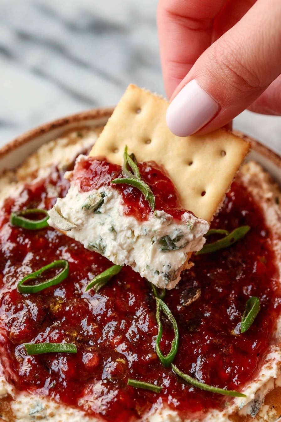 A close-up of a woman's hand holding a square beige cracker dipped with two visible layers of dip; the bottom layer is creamy white with small green herb pieces and a thick red chunky sauce on top garnished with scattered thin green slices, all inside a round white bowl with a rustic texture on a white marbled surface. photo taken with an iphone --ar 2:3 --v 7 - Cranberry Jalapeño Dip, Spicy Cranberry Dip, Holiday Party Dips, Easy Cranberry Dip, Fruit and Spice Appetizer