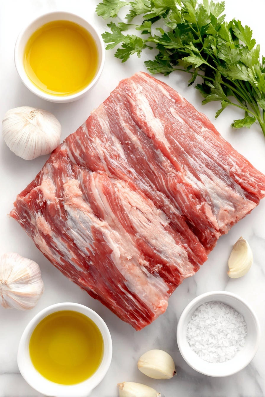 Flat lay of a fresh whole flank steak with deep red marbled meat, two peeled whole garlic cloves, a small bunch of vibrant green parsley, a small bunch of fresh bright green cilantro, small white ceramic bowls containing clear avocado oil and bright yellow fresh lemon juice, a small white bowl of coarse salt, all arranged symmetrically and naturally on a clean white marble surface, soft natural light, photo taken with an iPhone, professional food photography style, fresh ingredients, white ceramic bowls, no bottles, no duplicates, no utensils, no packaging --ar 2:3 --v 7 --p m7354615311229779997 - Chimichurri Flank Steak, flank steak with chimichurri, easy chimichurri steak recipe, flavorful steak dinner, quick steak marinade
