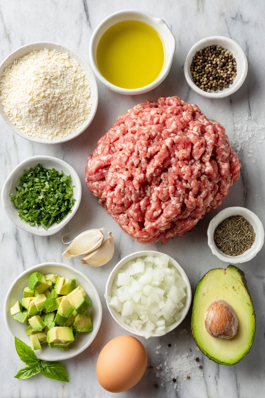 Flat lay of a small pile of fresh ground lamb, a small white ceramic bowl of fine breadcrumbs, one whole uncracked brown egg with a clean shell, a small white ceramic bowl of olive oil, a small white ceramic bowl of plain Greek yogurt, one small onion finely chopped, one small red chili pepper whole, one small avocado cut into chunks with bright green flesh, a small white ceramic bowl of roughly chopped fresh basil leaves, a small white ceramic bowl of roughly chopped fresh parsley, one garlic clove whole and unpeeled, a small white ceramic bowl of lemon juice, a few loose cumin seeds and coriander seeds scattered naturally, freshly ground black peppercorns, and a few pinches of coarse salt, all arranged in perfect symmetry on a clean white marble surface, soft natural light, photo taken with an iPhone, professional food photography style, fresh ingredients, white ceramic bowls, no bottles, no duplicates, no utensils, no packaging --ar 2:3 --v 7 --p m7354615311229779997 - Spicy Lamb Meatballs with Green Herb Dip, lamb meatball recipes, spicy lamb dishes, herb dip recipes, easy lamb appetizer