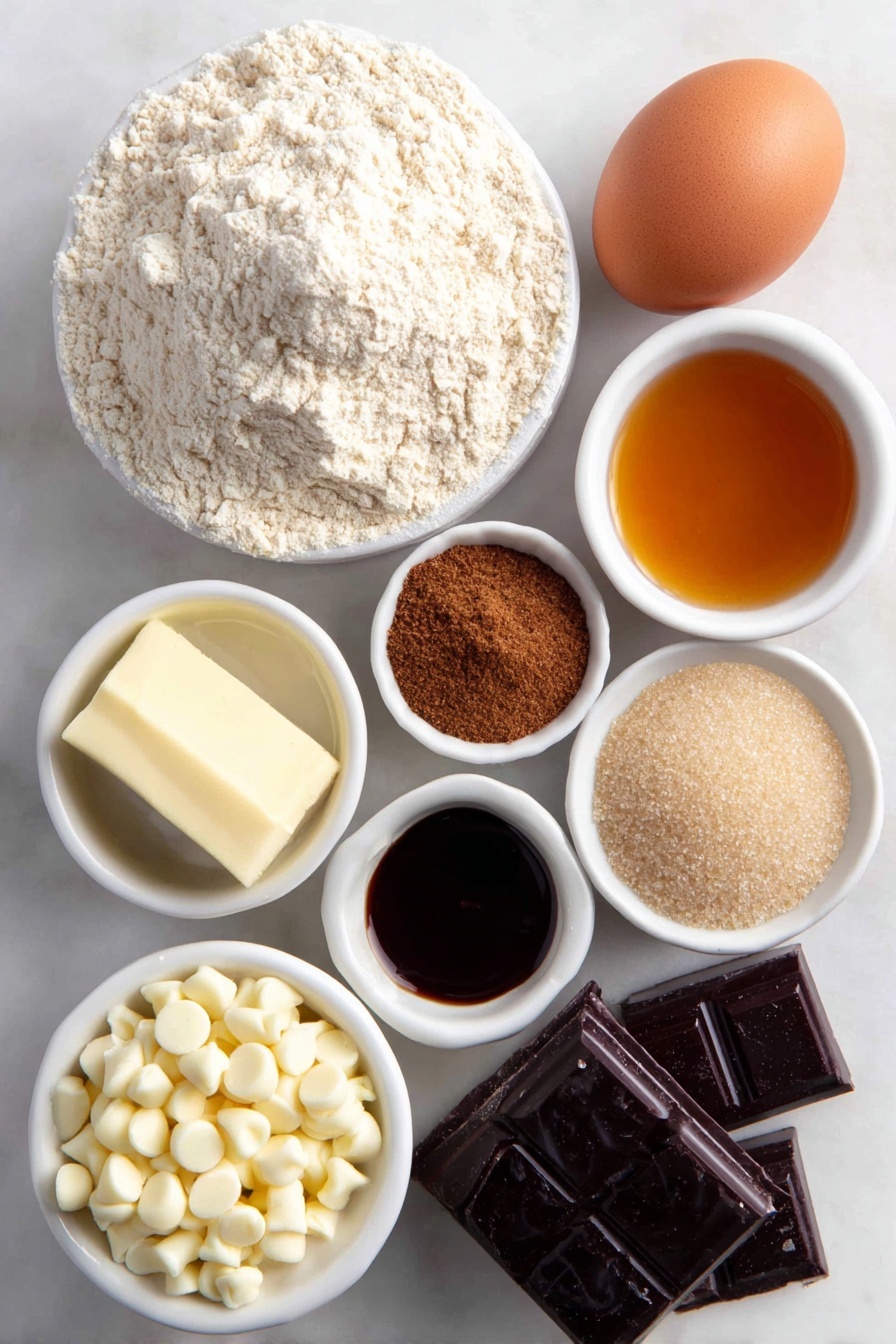Flat lay of a small mound of all-purpose flour, a small heap of ground ginger, tiny piles of ground cinnamon, ground cloves, and ground nutmeg arranged symmetrically, a small pile of granulated sugar, a small pile of light brown sugar, a whole large brown egg with a clean shell, a small white ceramic bowl with golden molasses, a small white ceramic bowl with melted unsalted butter, a small white ceramic bowl with white chocolate chips, and a small white ceramic bowl with shortening, each ingredient fresh and natural, perfectly balanced and symmetrical, placed on a clean white marble surface, soft natural light, photo taken with an iPhone, professional food photography style, fresh ingredients, white ceramic bowls, no bottles, no duplicates, no utensils, no packaging --ar 2:3 --v 7 --p m7354615311229779997 - White Chocolate Ginger Cookies, Ginger Cookies with White Chocolate, Spiced White Chocolate Cookies, Holiday Ginger Cookies, Easy White Chocolate Cookies