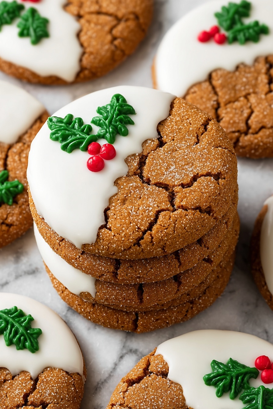 The image shows a pile of round ginger cookies with a cracked texture. Each cookie is half-covered with smooth white icing on the top side. On the white frosting, there are small green icing shapes that look like holly leaves and three small red icing dots that represent berries. The cookies are stacked closely together on a surface with a white marbled texture that appears under them. photo taken with an iphone --ar 2:3 --v 7 - White Chocolate Ginger Cookies, Ginger Cookies with White Chocolate, Spiced White Chocolate Cookies, Holiday Ginger Cookies, Easy White Chocolate Cookies