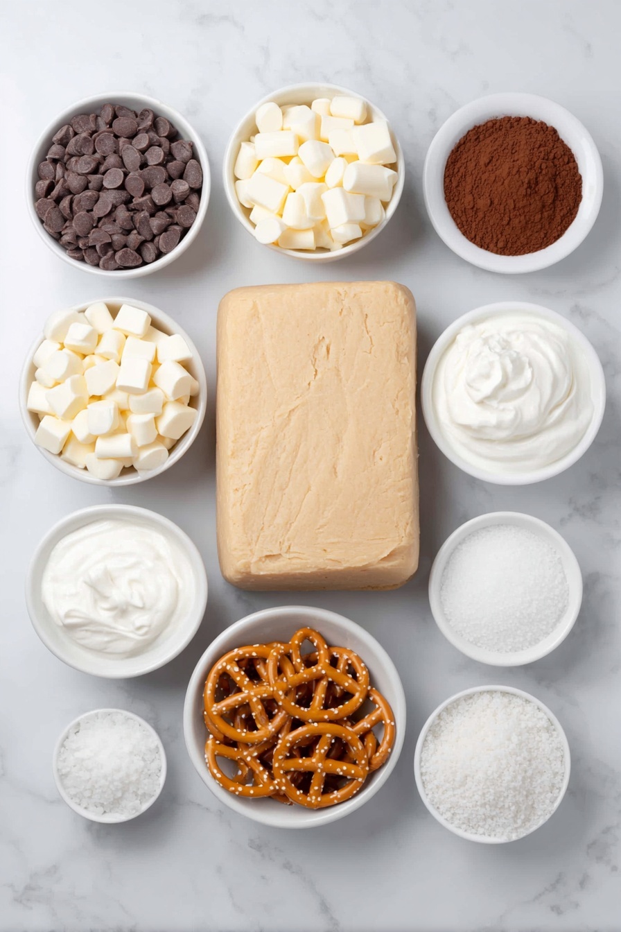 Flat lay of a small bowl of smooth semi-sweet chocolate chips, a small bowl of creamy white chocolate chips, a small bowl of fine hot cocoa powder, a small bowl of thick heavy whipping cream, a handful of fresh golden mini pretzels, a small mound of white mini marshmallow bits, a block of natural pale beige sugar cookie dough unwrapped and intact, all arranged symmetrically on simple white ceramic bowls and plates, placed on a clean white marble surface, soft natural light, photo taken with an iPhone, professional food photography style, fresh ingredients, white ceramic bowls, no bottles, no duplicates, no utensils, no packaging --ar 2:3 --v 7 --p m7354615311229779997 - Hot Chocolate Cookie Cups, chocolate dessert ideas, winter treats, chocolate ganache desserts, festive cookie cups