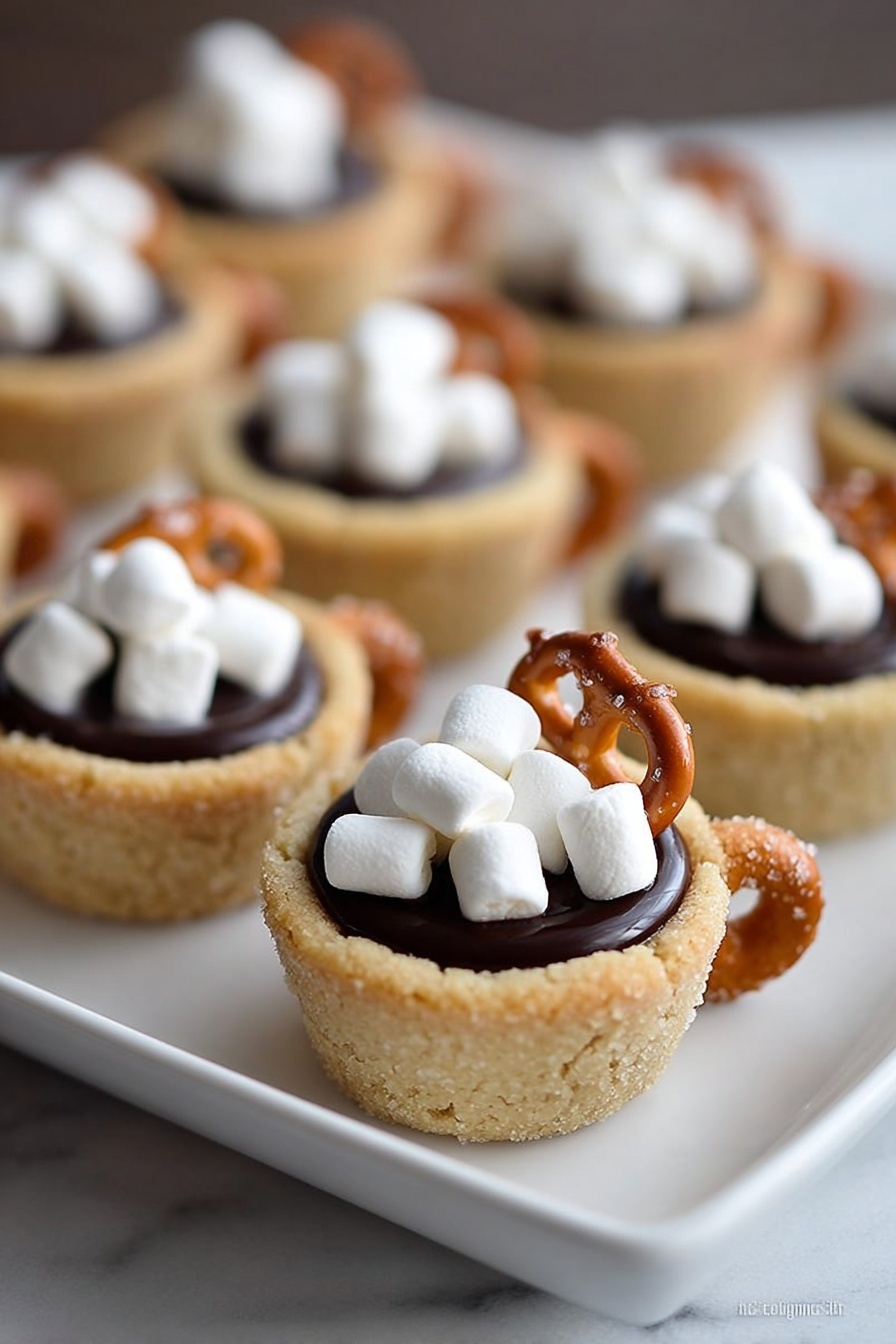 A woman's hand holds a small cookie cup shaped like a mug, with a light golden-brown outer layer that looks soft and crumbly. Inside the cookie cup is a dark, glossy chocolate filling that is smooth and shiny, topped with several small white mini marshmallows scattered softly on top. Attached to the side of the cookie cup is a small pretzel piece that mimics the handle of a mug, with a light brown color and a slightly rough texture. The background is a white marbled surface. photo taken with an iphone --ar 2:3 --v 7 - Hot Chocolate Cookie Cups, chocolate dessert ideas, winter treats, chocolate ganache desserts, festive cookie cups