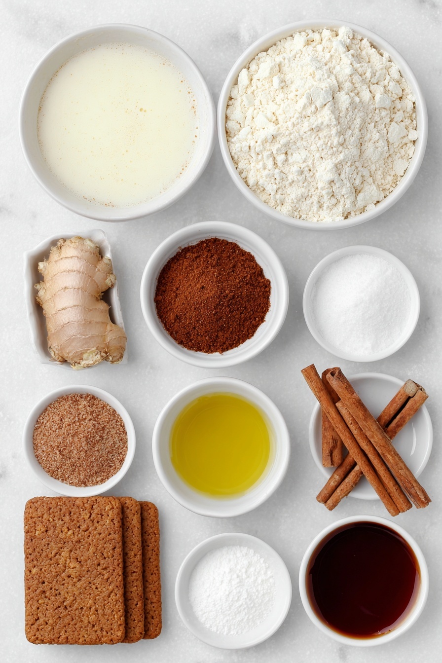 Flat lay of a small white bowl filled with creamy dairy-free soy milk, a small white bowl containing golden apple cider vinegar, a mound of pale self-raising flour on a white ceramic dish, a heap of fine white caster sugar in a simple white bowl, a neat pile of warm brown ground ginger, a small cluster of cinnamon sticks next to ground cinnamon powder in a white bowl, a white bowl with reddish-brown ground nutmeg, a small white bowl containing mixed aromatic spice powder, a small white bowl of white baking powder, a small white bowl with fine bicarbonate of soda, a small white bowl filled with vibrant yellow sunflower oil, a tiny white bowl holding thick blackstrap molasses, a block of pale creamy dairy-free butter on a white ceramic dish, a white bowl heaped with pure white icing sugar, a small white bowl of melted amber-colored Biscoff cookie butter, a few crisp gingerbread biscuits arranged neatly, a small white bowl of rich brown cocoa powder, all ingredients arranged in perfect symmetry on a clean white marble surface, soft natural light, photo taken with an iPhone, professional food photography style, fresh ingredients, white ceramic bowls, no bottles, no duplicates, no utensils, no packaging --ar 2:3 --v 7 --p m7354615311229779997 - Vegan Gingerbread Cake, Vegan Gingerbread Cake recipe, plant-based gingerbread cake, dairy-free gingerbread dessert, holiday vegan dessert