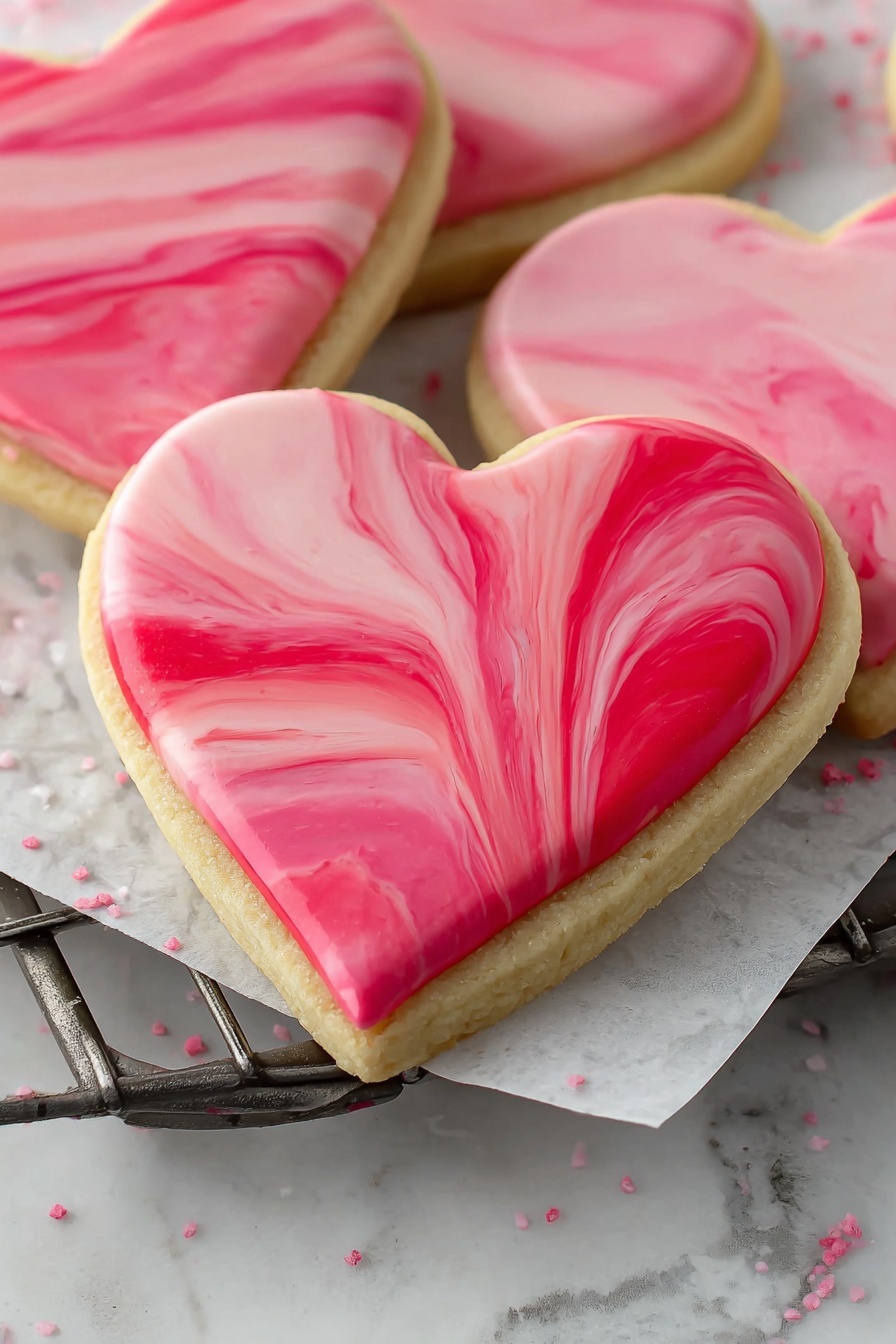 The image shows heart-shaped cookies with two layers: a bottom beige cookie layer that looks soft and thick, topped with a smooth, glossy icing layer that has red and pink swirled colors creating a marble effect. The cookies rest on white parchment paper on a dark metal rack, all set on a white marbled surface. The overall look is sweet and colorful, with the swirl pattern giving each cookie a unique design photo taken with an iphone --ar 2:3 --v 7 - Marbled Sugar Cookies with Royal Icing, marbled sugar cookies, royal icing decorated cookies, easy cookie decorating ideas, beautiful sugar cookies