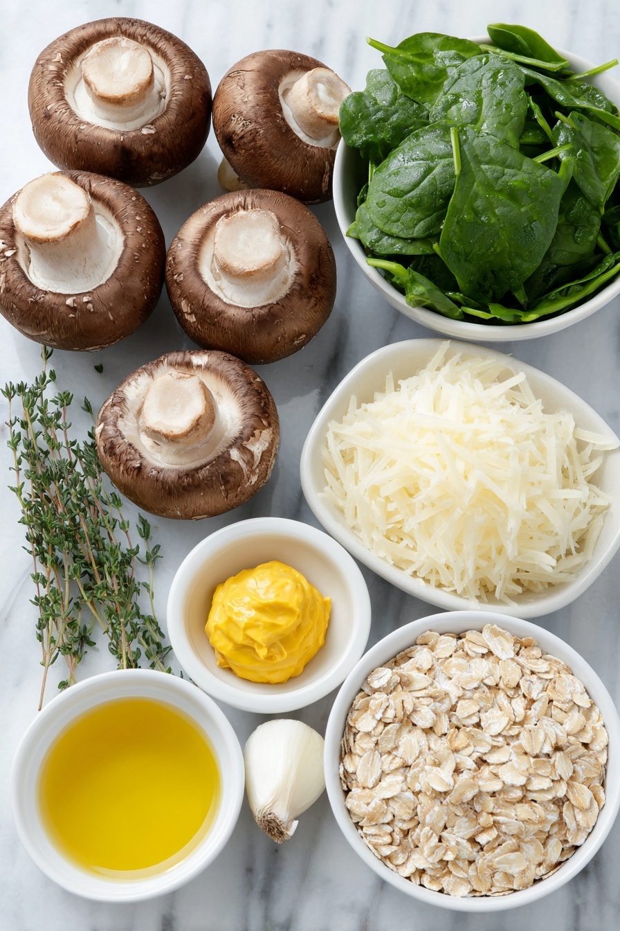 Flat lay of fresh whole brown mushrooms, a small mound of cooked white rice, a small white ceramic bowl with golden olive oil, a peeled large yellow onion roughly chopped, four uncracked clean brown garlic cloves, a small pile of fresh bright green baby spinach leaves, a small white ceramic bowl of smooth yellow mustard, a few twigs of fresh green thyme, a small heap of chopped walnuts, a small white ceramic bowl with finely grated vegan parmesan cheese, a small white ceramic bowl filled with light beige fine oats, a white ceramic plate holding a single sheet of smooth vegan puff pastry, and a small white ceramic bowl containing creamy pale plant-based soy milk mixed with a pinch of turmeric powder, all arranged in perfect symmetry and realistic proportions, placed on a clean white marble surface, soft natural light, photo taken with an iPhone, professional food photography style, fresh ingredients, white ceramic bowls, no bottles, no duplicates, no utensils, no packaging --ar 2:3 --v 7 --p m7354615311229779997 - Vegan Mushroom Wellington, plant-based mushroom Wellington, vegan savory Wellington, hearty vegan Wellington recipe, mushroom and vegan puff pastry dish