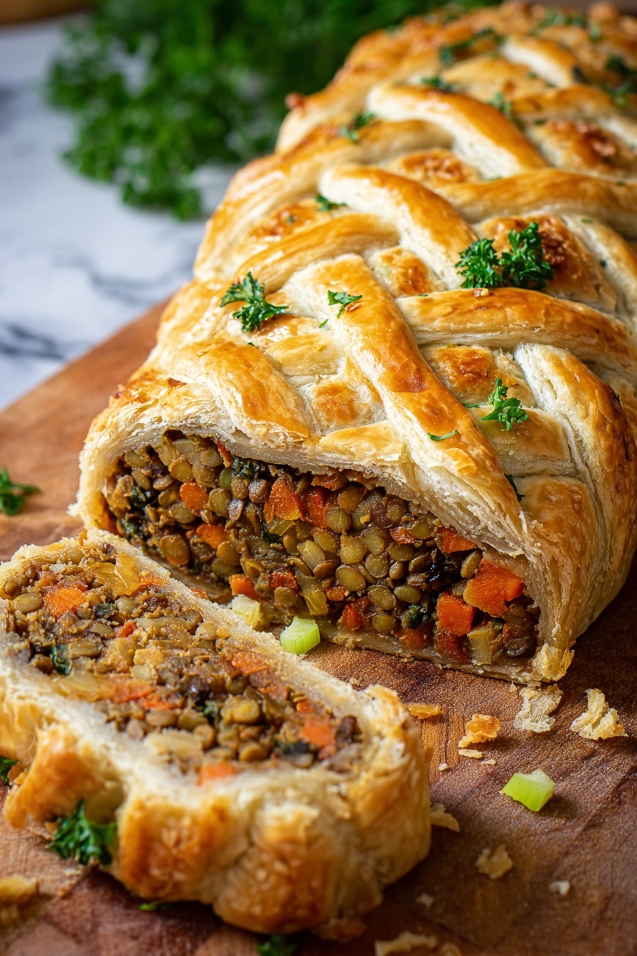 The image shows a golden brown pastry with a crisscross pattern on top, filled with a rich mixture of lentils, diced carrots, celery, and leafy greens. The pastry is baked to a flaky, crisp texture with crumbs scattered around. A slice of the pastry is cut and laid in the foreground on a wooden board, revealing the layered filling inside, which has earthy tones of brown, orange, and green. A woman's hand holding a fork is lifting a bite from the slice. Some small pieces of celery and carrots are scattered on the wooden board, and the background shows a soft cloth with greens blurred behind. The photo taken with an iphone --ar 2:3 --v 7 - Vegan Lentil Wellington, plant-based Wellington, vegan holiday main dish, vegan puff pastry recipe, hearty vegan dinner
