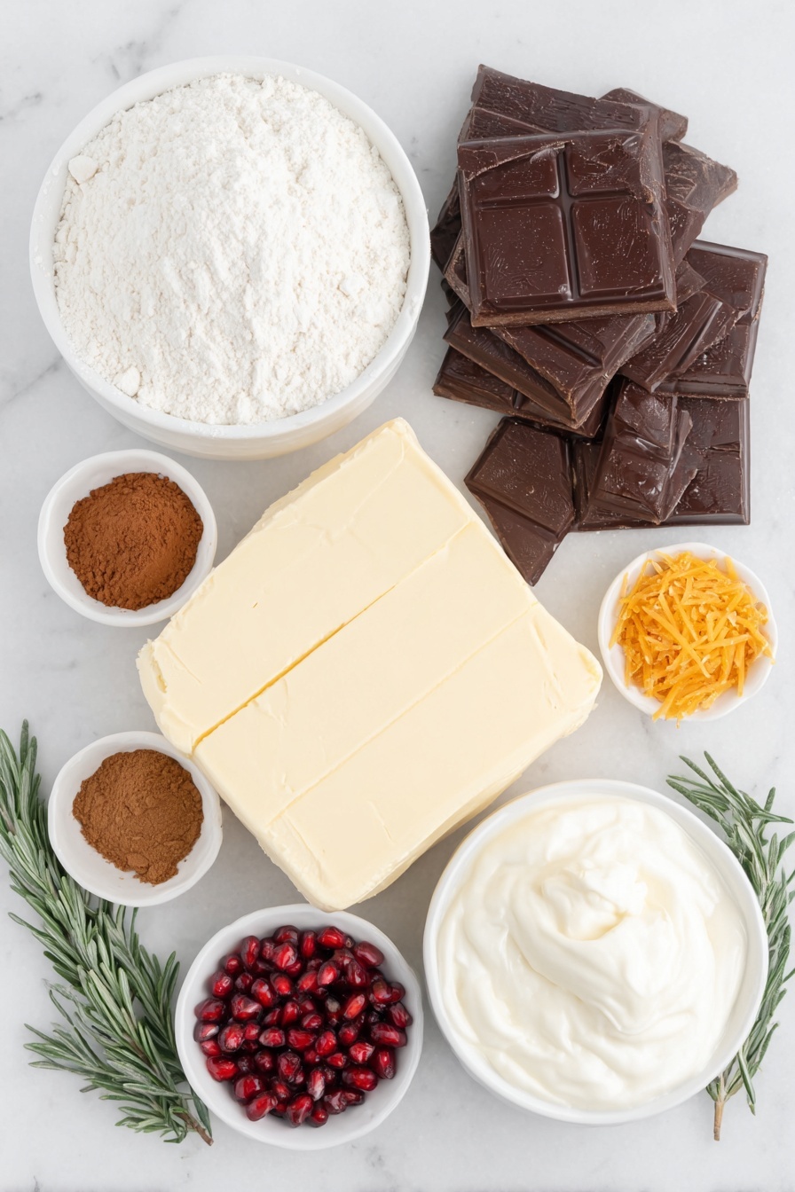 Flat lay of plain flour in a small mound, a block of vegan butter with a smooth creamy texture, a small white ceramic bowl filled with thick dark molasses, a small white bowl holding ground ginger powder, a small white bowl with ground cinnamon, a small white bowl containing allspice powder, a small white bowl with ground nutmeg, a tiny pile of coarse sea salt crystals, a few strands of bright orange zest, chunks of dark chocolate neatly arranged, a small white bowl filled with thick coconut cream, a small white bowl of pure maple syrup, a small white bowl with fresh pomegranate seeds, a small sprig of fresh rosemary, placed on a clean white marble surface, soft natural light, photo taken with an iPhone, professional food photography style, fresh ingredients, white ceramic bowls, no bottles, no duplicates, no utensils, no packaging --ar 2:3 --v 7 --p m7354615311229779997 - Vegan Gingerbread Chocolate Tart, gingerbread chocolate tart, vegan holiday desserts, dairy-free chocolate tart, festive vegan desserts