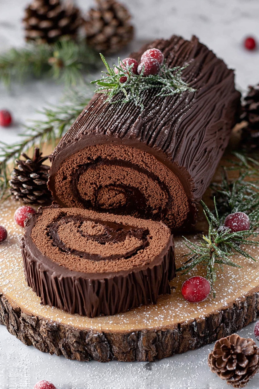 The image shows a chocolate yule log cake placed on a round wooden board with tree bark edges, resting on a white marbled surface. The cake has two visible layers: a smooth, dark brown rolled cake layer spiraled tightly in the front, and a thick, textured chocolate frosting layer on top and around, decorated with grooming lines to mimic tree bark. A smaller log piece is attached to the side, covered with the same textured frosting. Fresh green rosemary sprigs and bright red cranberries are arranged around and on top of the cake, some cranberries dusted lightly with powdered sugar, along with a few frosted pinecones scattered around the board. In the blurred background, warm yellow string lights create a cozy, festive atmosphere. Photo taken with an iphone --ar 2:3 --v 7 - Vegan Chocolate Yule Log, vegan holiday desserts, plant-based chocolate cake, gluten-free vegan Yule log, dairy-free Christmas dessert