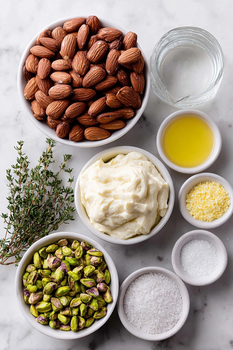 Flat lay of soaked whole almonds with skins intact, a small white ceramic bowl of smooth cashew cream cheese, a small white bowl filled with crushed vibrant green pistachios, fresh bright green chopped chives, fresh thyme sprigs with small green leaves, a small white bowl containing clear water, a small white bowl of freshly squeezed lemon juice with visible pulp, a small white bowl of white miso paste with soft texture, a small white bowl of golden nutritional yeast flakes, a small white bowl of fine white garlic powder, a small white bowl of coarse white salt, all arranged symmetrically on a clean white marble surface, soft natural light, photo taken with an iPhone, professional food photography style, fresh ingredients, white ceramic bowls, no bottles, no duplicates, no utensils, no packaging --ar 2:3 --v 7 --p m7354615311229779997 - Vegan Herb Cheese Ball, vegan party appetizers, plant-based cheese ball, vegetarian cheese ball recipe, dairy-free cheese appetizer