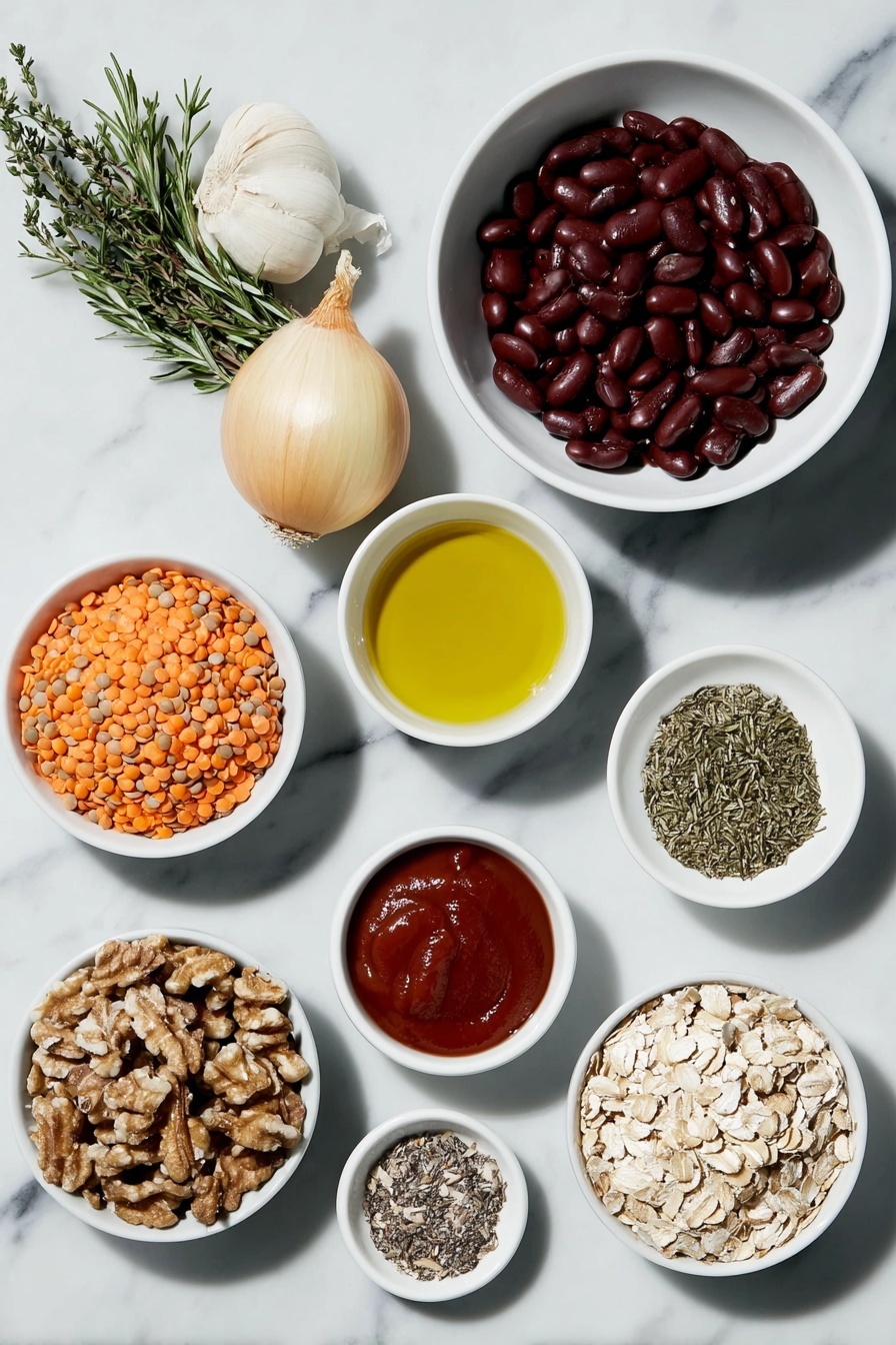 Flat lay of dried green lentils in a small mound, a small white bowl with golden vegetable oil, a whole yellow onion with smooth skin, four whole uncracked brown garlic bulbs, rolled oats in a neat pile, flax seeds scattered slightly, a simple white bowl filled with deep red kidney beans rinsed and drained, whole walnut halves arranged evenly, raw sunflower seeds spread in a small cluster, freshly grated bright orange carrots in a mound, finely chopped brown mushrooms in a small white bowl, fresh sprigs of green thyme, sprigs of fresh rosemary, vibrant chopped parsley, a small white bowl with smooth deep red tomato paste, a small white bowl with bright yellow mustard, a small white bowl with dark soy sauce, a small white bowl holding bright red paprika powder, a small white bowl containing mixed salt and black peppercorns, a small white bowl with glossy preserved cranberries, a small white bowl with thick red tomato ketchup placed on a clean white marble surface, soft natural light, photo taken with an iPhone, professional food photography style, fresh ingredients, white ceramic bowls, no bottles, no duplicates, no utensils, no packaging --ar 2:3 --v 7 --p m7354615311229779997 - Vegan Lentil Meatloaf with Cranberry Glaze, plant-based meatloaf recipe, vegan comfort food, healthy vegan dinner, easy vegan meatloaf recipe