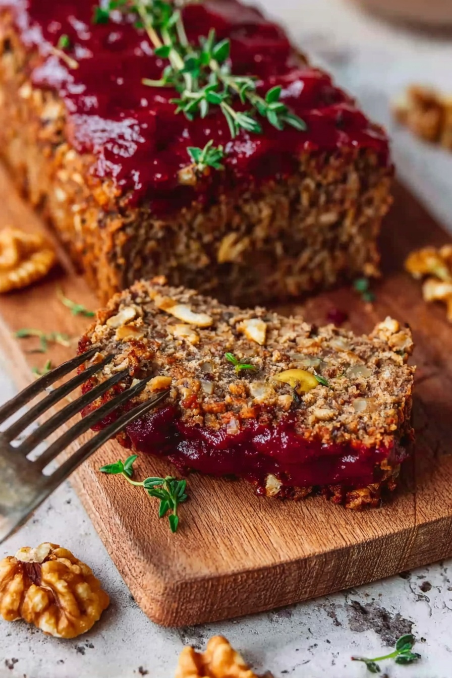 The image shows a close-up of a sliced nut loaf on a wooden board set on a white marbled surface. The loaf has two main layers: the bottom layer is thick and textured with visible chunks of nuts and grains in a golden brown color. The top layer is a glossy deep red sauce spread evenly. Sprigs of green herbs decorate the loaf, adding a fresh touch. A fork is holding a slice of the loaf at the front, and pieces of walnuts are scattered beside it. The photo is taken with an iphone --ar 2:3 --v 7 - Vegan Lentil Meatloaf with Cranberry Glaze, plant-based meatloaf recipe, vegan comfort food, healthy vegan dinner, easy vegan meatloaf recipe