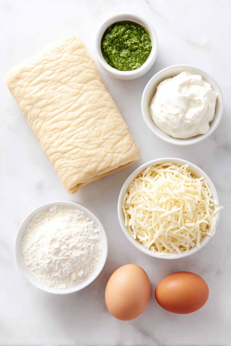 Flat lay of a sheet of fresh, golden puff pastry dough neatly rolled out on a simple white ceramic plate, a small white bowl filled with vibrant green basil pesto, another small white bowl containing smooth, creamy white cream cheese, a third small white bowl with a generous handful of shredded pale yellow cheese, and two whole brown eggs with clean shells, all arranged in perfect symmetry and balanced proportions, placed on a clean white marble surface, soft natural light, photo taken with an iPhone, professional food photography style, fresh ingredients, white ceramic bowls, no bottles, no duplicates, no utensils, no packaging --ar 2:3 --v 7 --p m7354615311229779997 - Pesto Puff Pastry Christmas Trees, festive appetizer recipes, holiday appetizer ideas, easy holiday appetizers, Christmas party finger foods