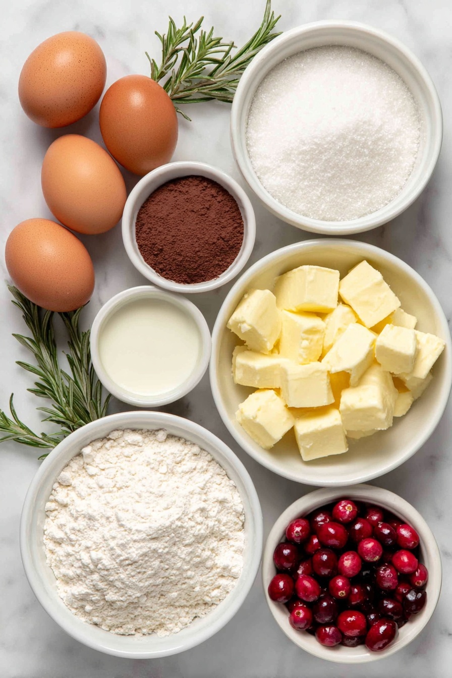 Flat lay of large whole brown eggs with smooth clean shells, a small white ceramic bowl of granulated sugar, a small white ceramic bowl of all-purpose flour, a small white ceramic bowl of cocoa powder, a small white ceramic bowl of baking powder, a small white ceramic bowl of salt, a small white ceramic bowl of vanilla extract, a small white ceramic bowl of heavy cream, a small white ceramic bowl of powdered sugar, a small white ceramic bowl of unsalted butter chunks, a small white ceramic bowl of milk or cream, fresh bright red cranberries, delicate edible meringue mushrooms, fresh green sprigs of rosemary, all arranged symmetrically with realistic proportions on a clean white marble surface, soft natural light, photo taken with an iPhone, professional food photography style, fresh ingredients, white ceramic bowls, no bottles, no duplicates, no utensils, no packaging --ar 2:3 --v 7 --p m7354615311229779997 - Chocolate Yule Log Cake, Yule Log Cake, holiday chocolate cake, festive Christmas dessert, chocolate roulade