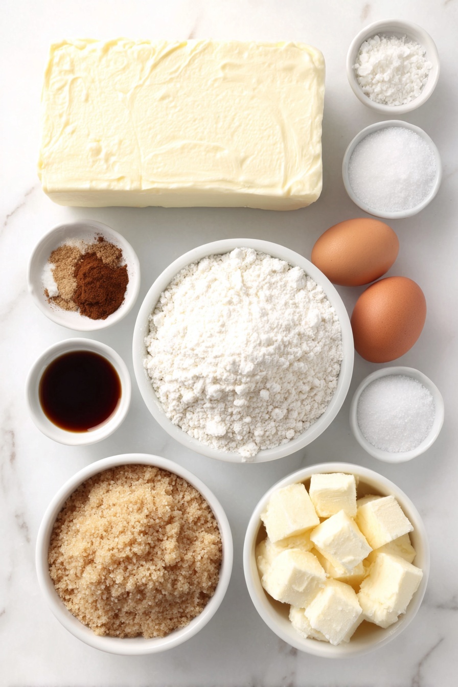 Flat lay of a small block of cold cream cheese, a small white ceramic bowl filled with granulated white sugar, a small white ceramic bowl containing ground ginger, ground cinnamon, ground allspice, ground nutmeg, and ground cloves mixed together, a mound of all-purpose flour, a small white ceramic bowl with baking soda and salt beside it, a chunk of softened unsalted butter, a heap of packed light brown sugar, two whole uncracked brown egg yolks, a small white ceramic bowl of dark unsulphured molasses, and a small white ceramic bowl with clear vanilla extract, arranged symmetrically on a clean white marble surface, soft natural light, photo taken with an iPhone, professional food photography style, fresh ingredients, white ceramic bowls, no bottles, no duplicates, no utensils, no packaging --ar 2:3 --v 7 --p m7354615311229779997 - Gingerbread Cheesecake Cookies, holiday spice cookies, festive cheesecake cookies, easy gingerbread cookies, Christmas treat recipes