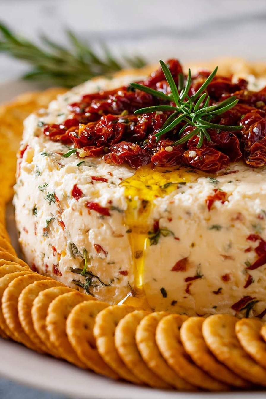 The image shows a thick, round layer of creamy cheese mixed with bits of herbs and red peppers. On top, there is a layer of oily, glossy sun-dried tomatoes garnished with fresh rosemary sprigs. A golden stream of oil is dripping down the side from the top layer onto the cheese. Around the cheese, there is a ring of round, golden, crispy crackers arranged in a curved line. The dish is set on a white plate, placed on a white marbled surface. photo taken with an iphone --ar 2:3 --v 7 - Italian Cheese Loaf Appetizer, Italian Cheese Loaf, cheese loaf appetizer, savory Italian cheese snack, party cheese appetizer