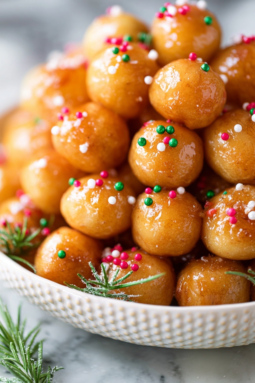 This image shows a close-up of many small, round, golden brown dough balls stacked together in a white bowl with a textured design. The dough balls are shiny with a sticky glaze and topped with small, colorful sprinkles in red, white, green, and pink, including tiny green holly-shaped sprinkles. Around the bowl, there are some green rosemary sprigs with a light dusting of sugar. The background is a white marbled texture. photo taken with an iphone --ar 2:3 --v 7 - Italian Honey Balls (Struffoli), Italian dessert recipes, holiday treats, traditional Italian sweets, crispy honey balls