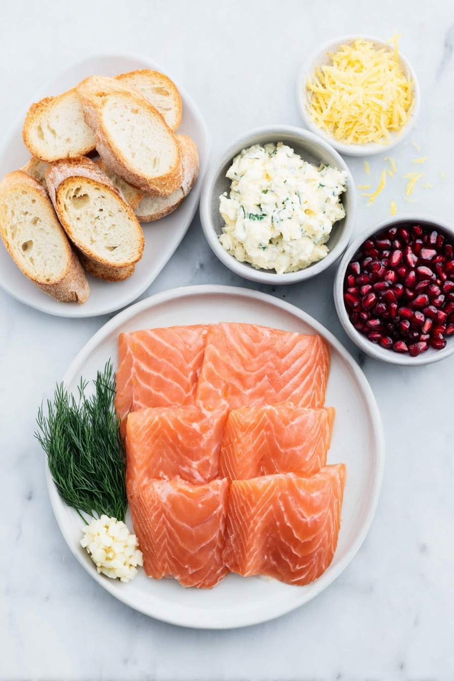 Flat lay of thinly sliced smoked salmon arranged delicately, a single peeled garlic clove minced, a small mound of softened cream cheese in a white ceramic bowl, fresh dill sprigs finely chopped, a simple white ceramic plate holding several toasted baguette slices cut into bite-sized rounds, a small white bowl with bright lemon zest shreds, a small white bowl filled with ruby-red pomegranate arils, placed on a clean white marble surface, soft natural light, photo taken with an iPhone, professional food photography style, fresh ingredients, white ceramic bowls, no bottles, no duplicates, no utensils, no packaging --ar 2:3 --v 7 --p m7354615311229779997 - Smoked Salmon Bruschetta Wreath, smoked salmon appetizer, holiday appetizer ideas, festive bruschetta recipe, easy party finger food