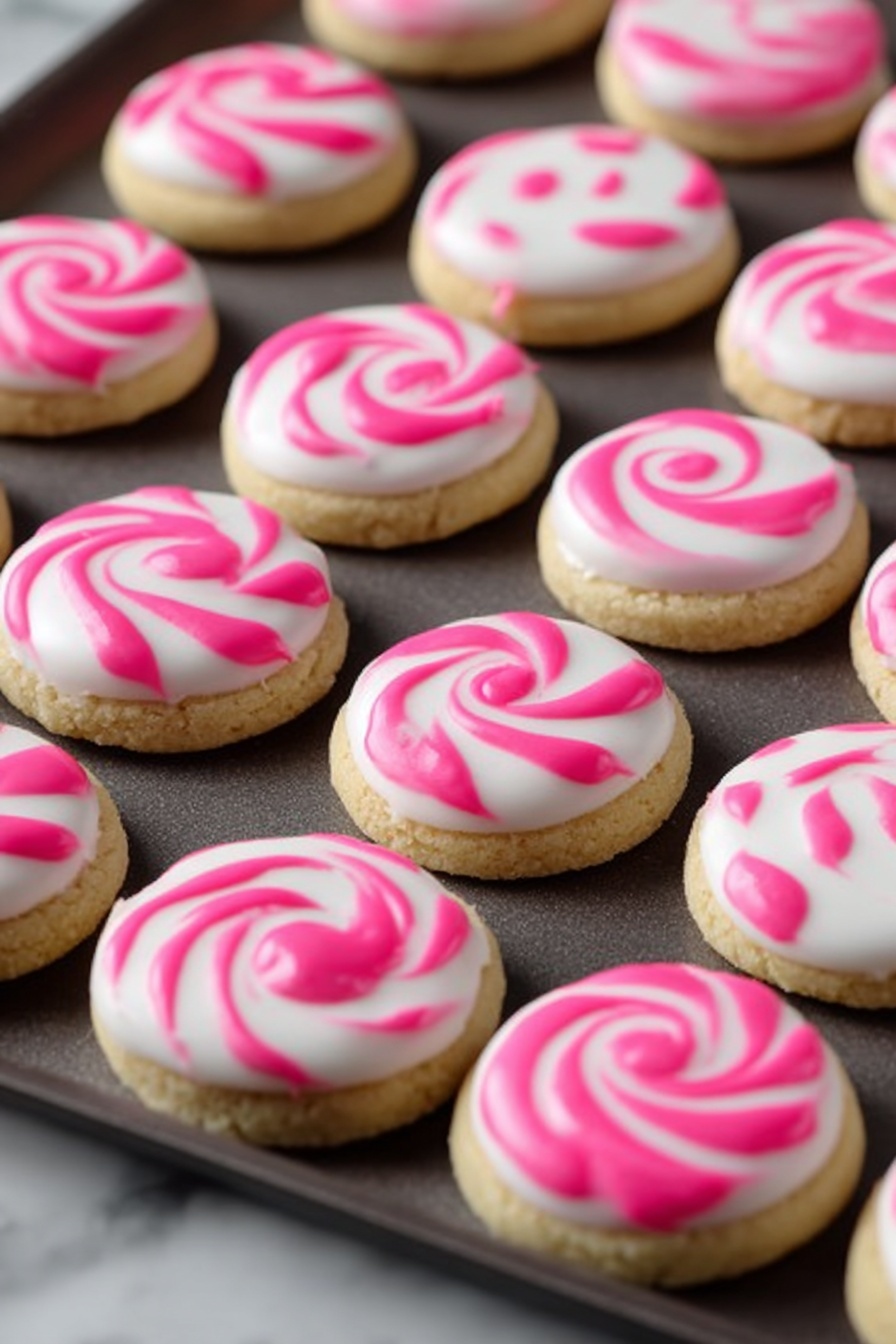 The image shows many round cookies with white and pink swirl patterns on top, resembling peppermint candies. Each cookie is wrapped in clear plastic, twisted at both sides, and tied with red and white striped string, making them look like candies. The cookies are placed on a smooth, plain green background. The swirl patterns on the cookie tops vary between solid pink curved shapes and thin pink spirals, all on a smooth white icing base. photo taken with an iphone --ar 2:3 --v 7 - Peppermint Sugar Cookies with Royal Icing, holiday peppermint cookies, festive sugar cookies, peppermint cookie recipe, Christmas sugar cookies