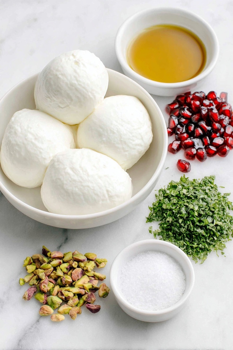 Flat lay of a few fresh burrata balls with soft white rinds, a handful of glossy ruby red pomegranate seeds scattered nearby, a small pile of roughly chopped green pistachios, a small mound of finely chopped vibrant green fresh mint leaves, a small white ceramic bowl filled with golden extra-virgin olive oil, another small white bowl holding thick dark balsamic glaze, and a tiny white bowl containing flaky sea salt crystals, all arranged with perfect symmetry and realistic proportions on a clean white marble surface, soft natural light, photo taken with an iPhone, professional food photography style, fresh ingredients, white ceramic bowls, no bottles, no duplicates, no utensils, no packaging --ar 2:3 --v 7 --p m7354615311229779997 - Festive Burrata Balls with Pomegranate and Pistachios, appetizer ideas, holiday party starters, easy cheese appetizers, elegant holiday appetizers