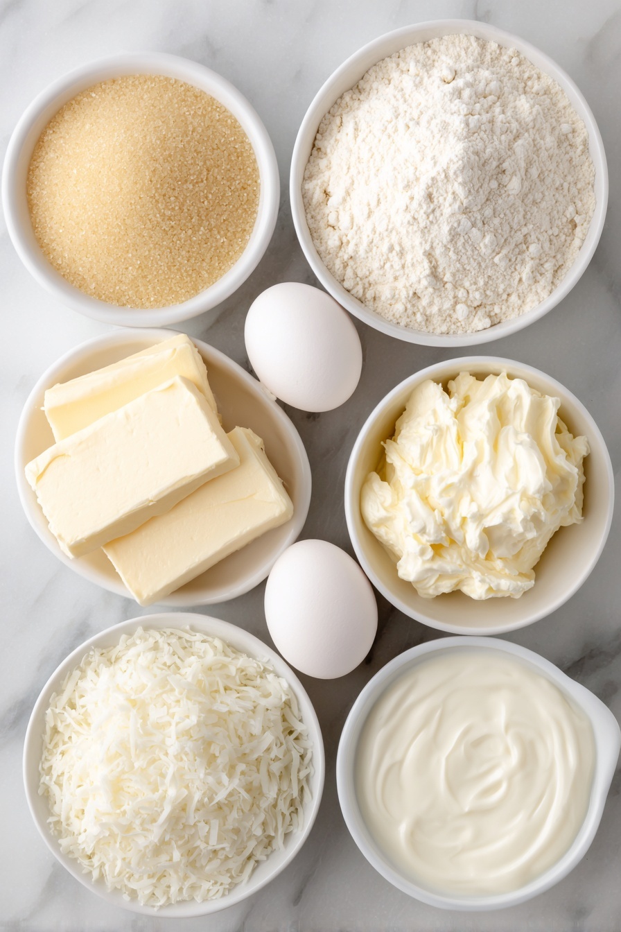 Flat lay of a small pile of golden granulated sugar, a few bright white whole eggs with clean shells, a small mound of finely ground almond flour, a neat heap of pure white powdered sugar, a small white ceramic bowl with glossy black royal icing, a smaller white bowl with thick yellow royal icing, a half cup of soft unsalted butter, a small white bowl with creamy pale vanilla extract, a small white bowl filled with shredded desiccated coconut, and a small white bowl containing smooth milk or heavy cream, all arranged in perfect symmetry on a clean white marble surface, soft natural light, photo taken with an iPhone, professional food photography style, fresh ingredients, white ceramic bowls, no bottles, no duplicates, no utensils, no packaging --ar 2:3 --v 7 --p m7354615311229779997 - Santa Claus Macarons, festive holiday macarons, Christmas cookie ideas, how to make macarons, holiday dessert recipes