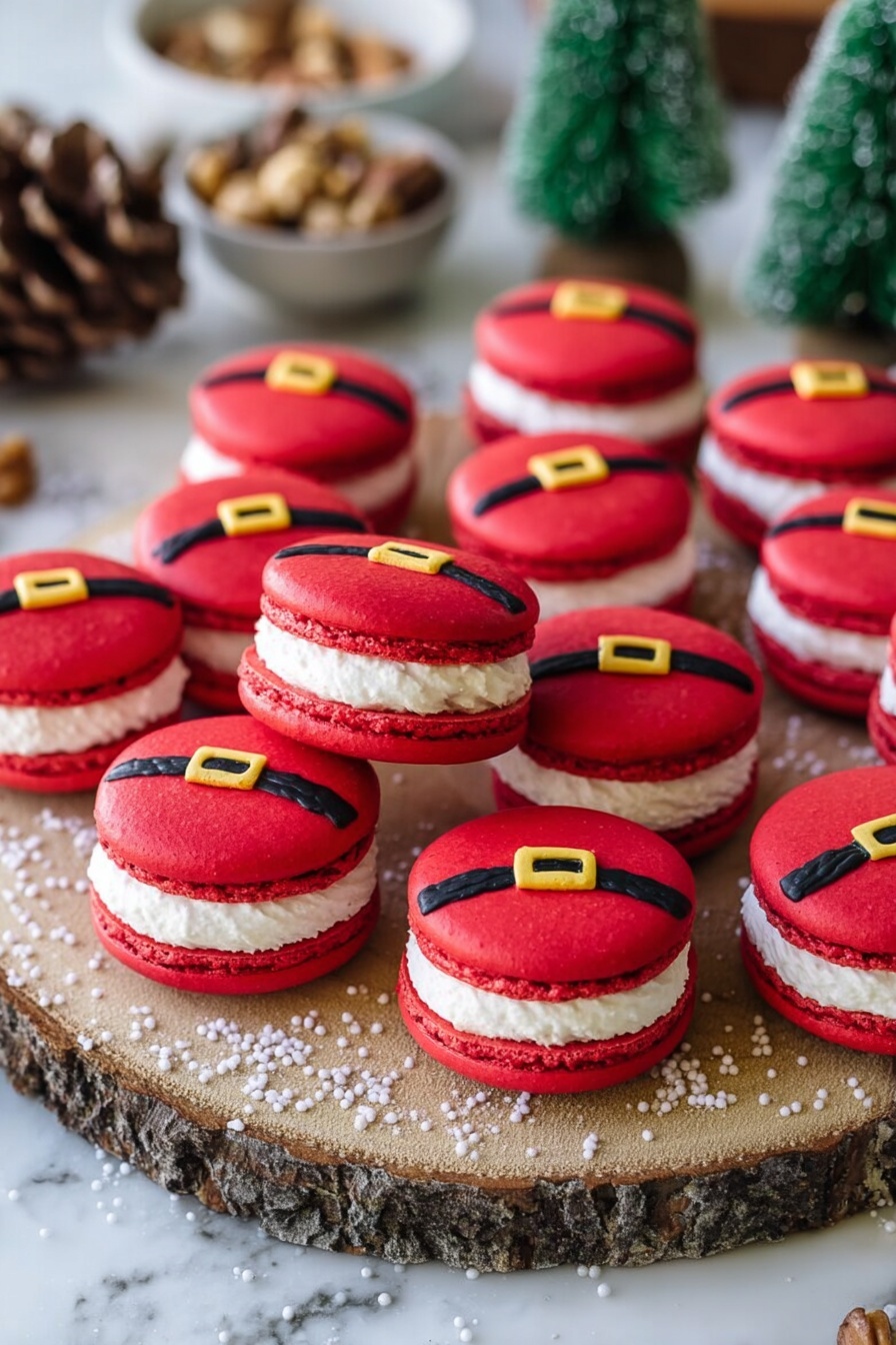 A group of round red macarons looks like Santa's suit, with a smooth bright red top and bottom, and a white creamy filling in the middle, creating two layers of red and one thick white layer between them. Each macaron is decorated with a thin black line across the top and a small square yellow buckle shape on the black line, making them look like Santa belts. They are stacked and spread on a round wooden slice with a bark edge, placed on a white marbled surface with small white sugar sprinkles scattered around. In the background, there are small green pine trees and a bowl with pine cones and nuts, adding a cozy holiday feel. photo taken with an iphone --ar 2:3 --v 7 - Santa Claus Macarons, festive holiday macarons, Christmas cookie ideas, how to make macarons, holiday dessert recipes