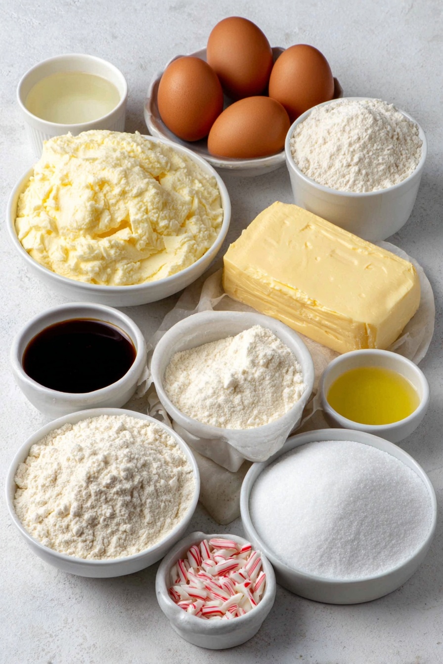 Flat lay of a small mound of white granulated sugar, a slab of softened pale yellow butter, two whole brown eggs with clean shells, a small white bowl of clear vanilla extract, a small white bowl of clear almond extract, a bright orange with a section of fresh orange zest, a generous heap of plain white flour, a small white bowl with white meringue powder, a small white bowl of water, a small white bowl with fresh lemon juice, a large pile of sifted powdered sugar, small white bowls with red, green, gold, and white gel food coloring, and a small white bowl with crushed red and white candy canes, all arranged symmetrically and balanced on a simple white ceramic surface, placed on a clean white marble surface, soft natural light, photo taken with an iPhone, professional food photography style, fresh ingredients, white ceramic bowls, no bottles, no duplicates, no utensils, no packaging --ar 2:3 --v 7 --p m7354615311229779997 - Festive Christmas Cookies with Bright Icing, Christmas cookie decorating ideas, holiday cookie recipes, Twisted Christmas Cookies, bright icing Christmas treats