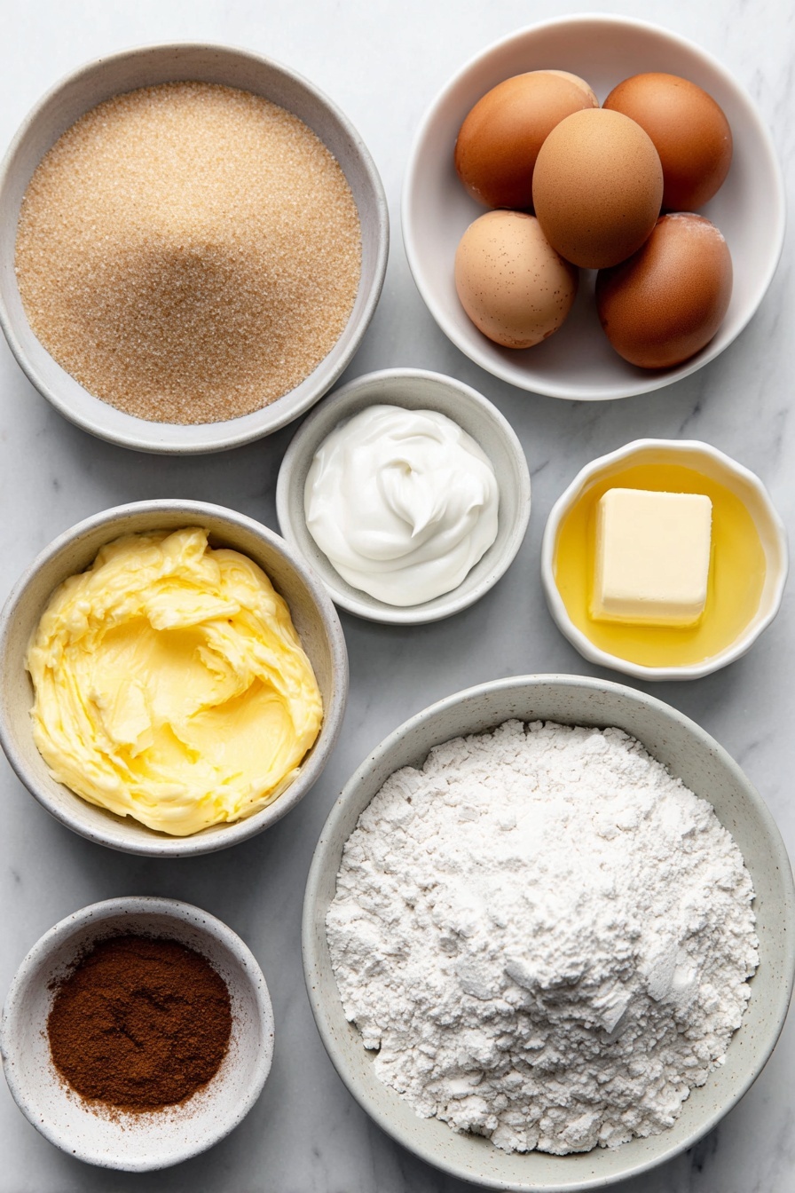 Flat lay of a small white ceramic bowl of soft light brown sugar, a few whole uncracked brown eggs, a small white ceramic bowl of golden dairy-free butter, a small white ceramic bowl of vanilla paste, a small white ceramic bowl of ground cinnamon, a neat mound of plain flour on a white ceramic plate, a small white ceramic bowl of icing sugar, a small white ceramic bowl with extra ground cinnamon sprinkled beside it, all arranged symmetrically and balanced placed on a clean white marble surface, soft natural light, photo taken with an iPhone, professional food photography style, fresh ingredients, white ceramic bowls, no bottles, no duplicates, no utensils, no packaging --ar 2:3 --v 7 --p m7354615311229779997 - Vegan Cinnamon Snowflake Cookies, vegan holiday cookies, festive plant-based cookies, cinnamon cookies recipe, snowflake shaped cookies