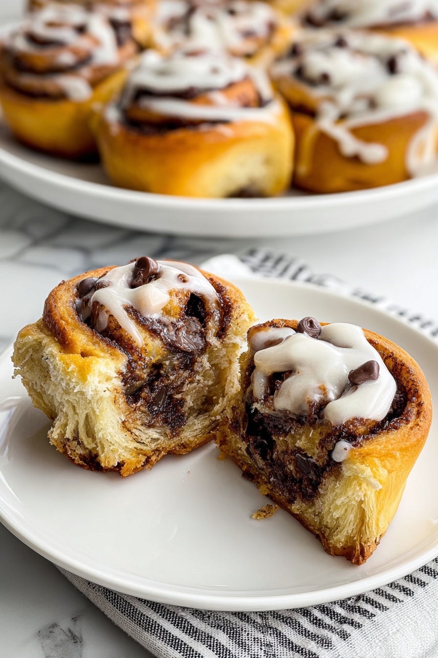 The image shows a close-up of two cinnamon rolls on a white plate with one roll cut in half showing its inside with visible layers. The rolls have multiple layers of golden brown dough with dark brown cinnamon filling swirled inside. They are topped with white icing that is drizzled over them and small chocolate chips scattered on the icing. In the background, there is a white plate holding more cinnamon rolls that are perfectly formed with the same layers and toppings. The setting is on a white marbled surface with a striped cloth under the plates. photo taken with an iphone --ar 2:3 --v 7 - Chocolate Cinnamon Cruffins, croissant cinnamon roll hybrids, easy cinnamon pastry, chocolate breakfast pastry, flaky cinnamon croffins