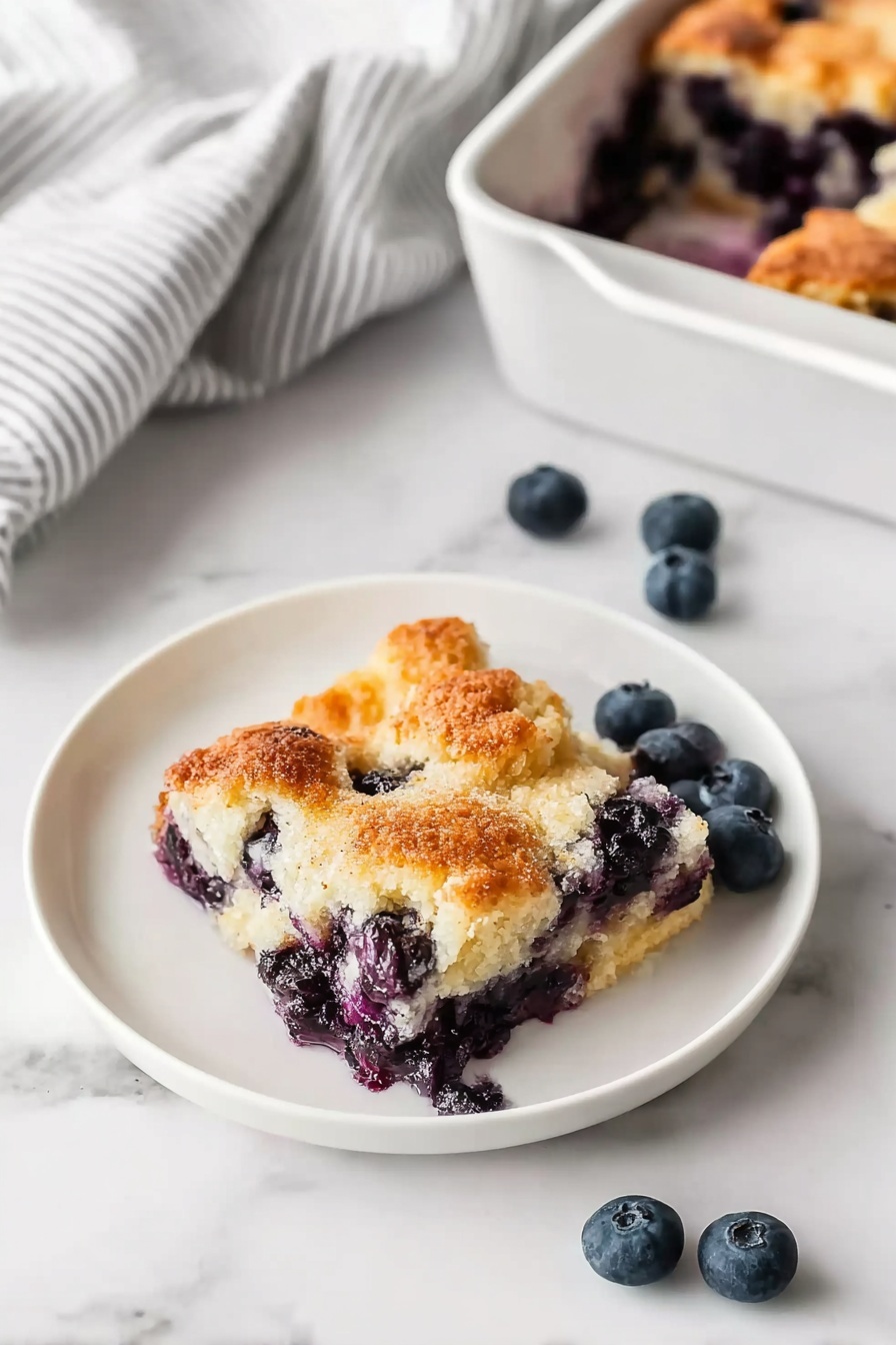 The image shows a white plate with a square piece of blueberry cobbler that has a golden brown, slightly crispy top layer with visible baked blueberries scattered throughout. The cobbler has a soft, light texture with a mix of pale yellow dough and deep purple blueberry filling peeking through. The plate sits on a white marbled surface with several fresh blueberries scattered around it. In the upper right corner, a white baking dish holds the remaining cobbler with a similar golden brown top layer and juicy blueberry filling visible on the edges. A light grey and white striped cloth is draped in the upper left corner. photo taken with an iphone --ar 2:3 --v 7 - Blueberry French Toast Casserole, blueberry breakfast casserole, easy French toast bake, blueberry breakfast ideas, baked French toast with blueberries