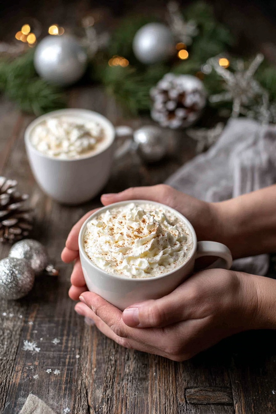 A white cup filled with a creamy drink topped with a thick layer of whipped cream and sprinkled with light brown spice sits in two woman's hands gently holding it from the sides. In the background, another white cup with the same whipped cream topping is placed on a rustic dark wooden surface. Around the cups, there are silver and white Christmas ornaments and green pine leaves with a pinecone, adding a festive touch. The setting is cozy and warm. photo taken with an iphone --ar 2:3 --v 7 - Eggnog Latte with Espresso and Nutmeg, holiday eggnog latte, festive coffee drinks, cozy winter beverages, homemade holiday latte